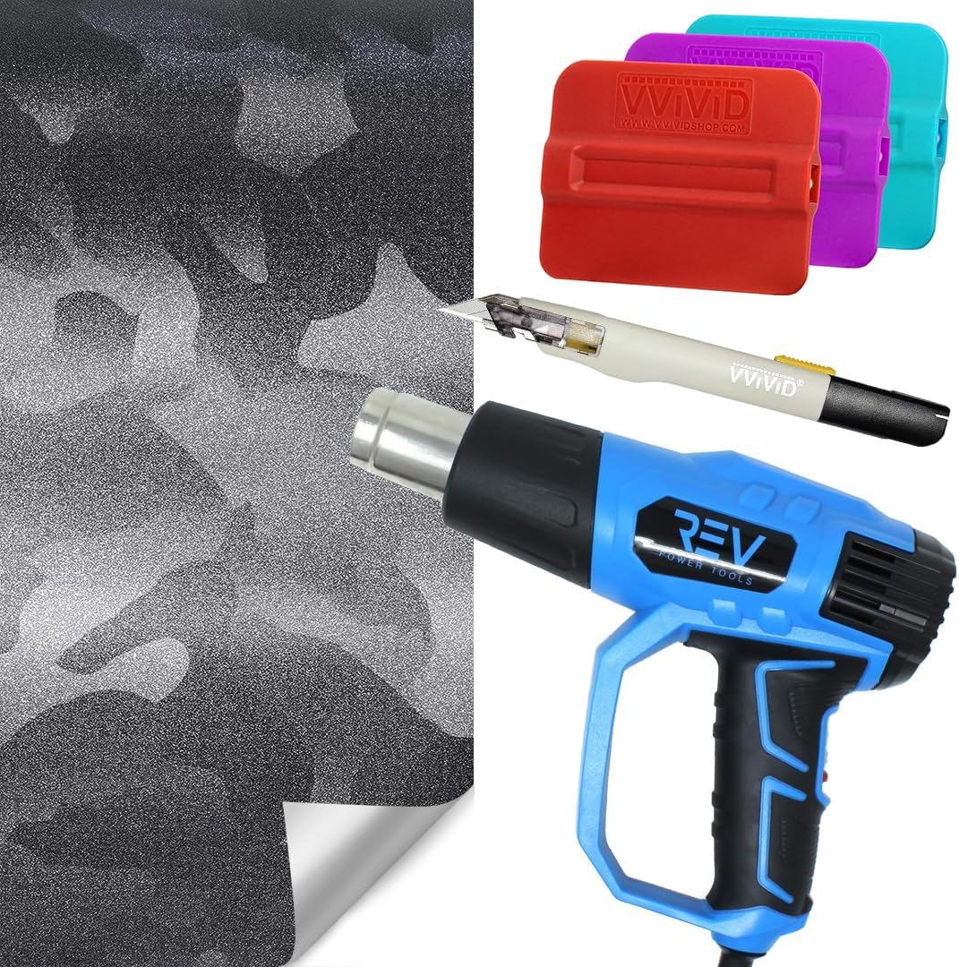 VViViD+ Stealth Medium Pattern Camouflage Ghost Metal Vinyl Wrap (1ft x 5ft) + Blaze Turbo Heat Gun + Premium Retractable Knife + Magnetic Squeegees 3 Pack (Hard, Medium and Soft) Bundle - M0