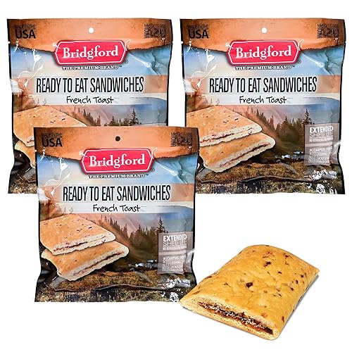 Bridgford Tostada francesa rellena Snack de desayuno estable Paquete de 3 Alimento nutritivo de supervivencia para camping, suministro de