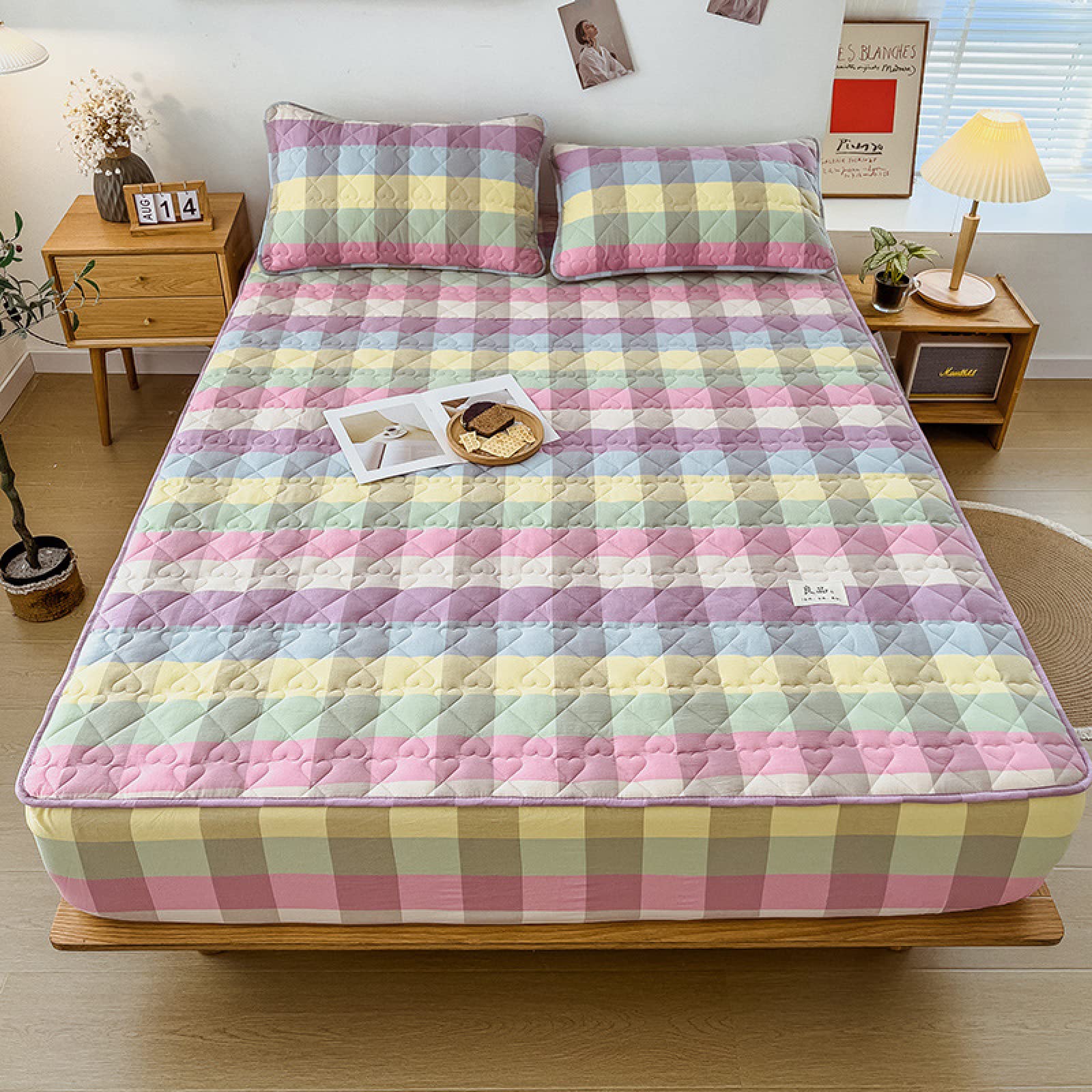 JIALIANGFamily Bedding Quilted Double Mattress Protector 200x220cm+30cmCotton Fitted Sheet Solid Color Bed Sheet Four Corners With Elastic Band Mattress Cover