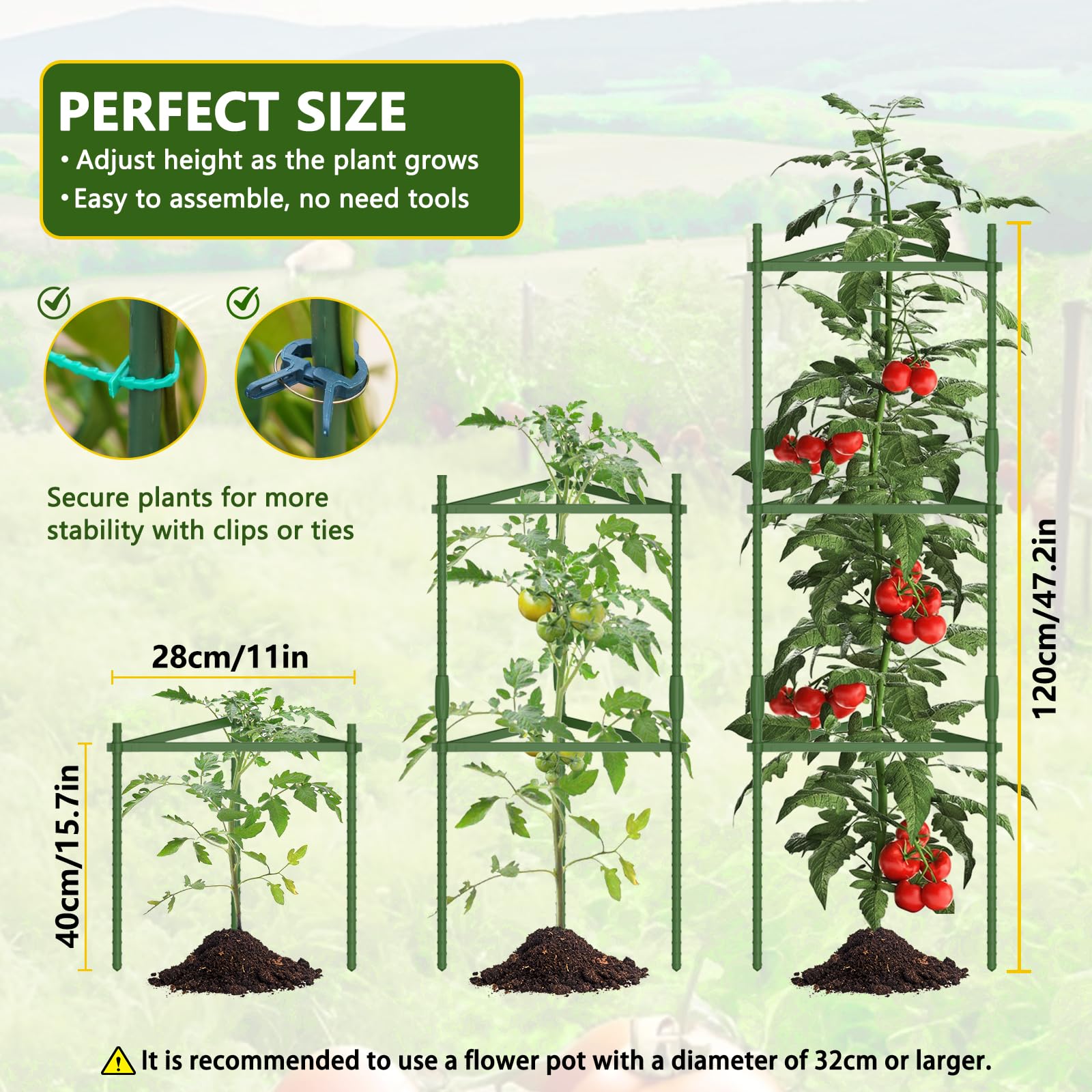 Tomaten-Rankhilfe für den Garten, 3er-Pack Tomatenkäfig für Kletterpflanzen im Freien, 120cm Dreieckiger Rankhilfe Tomaten, Gartenpflanzgitter für Gemüse, Blumen und Obst