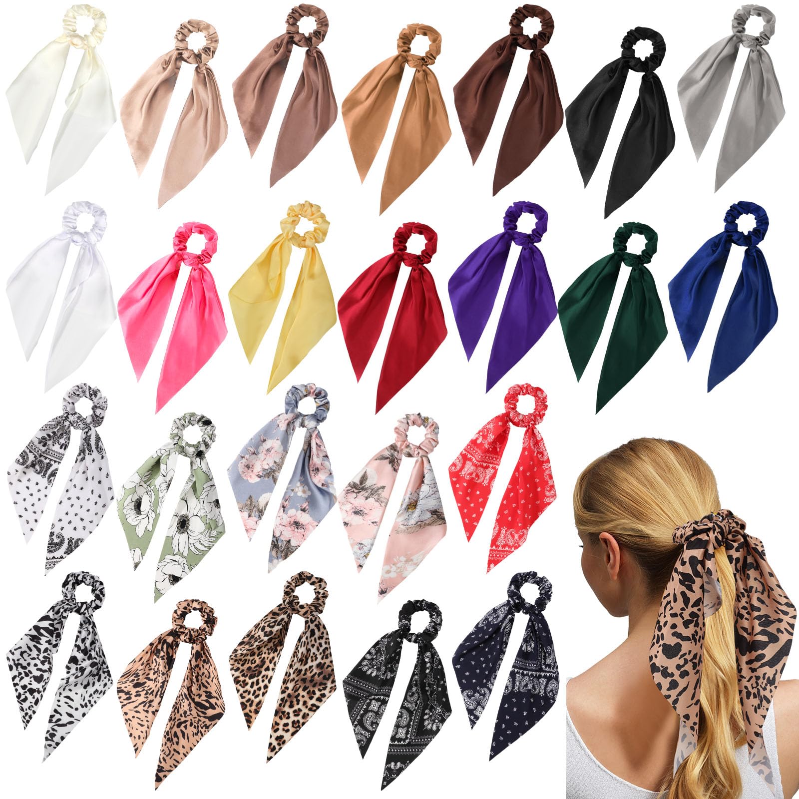 Haargummis mit geknoteten Schleifen, elastisch, Satin, Haargummis, niedliches Band, Haarbänder, Pferdeschwanz-Halter, Haarschmuck für Damen, 24 Stück