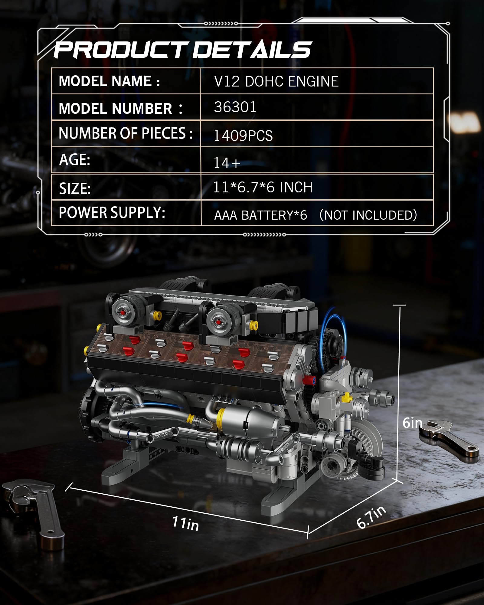 Set di funzioni motore V12 per adulti e adolescenti 14+, kit di ingegneria meccanica motorizzata da 1409 pezzi che funziona, giocattolo motore MOC con scatola batteria e motore, compatibile con Lego