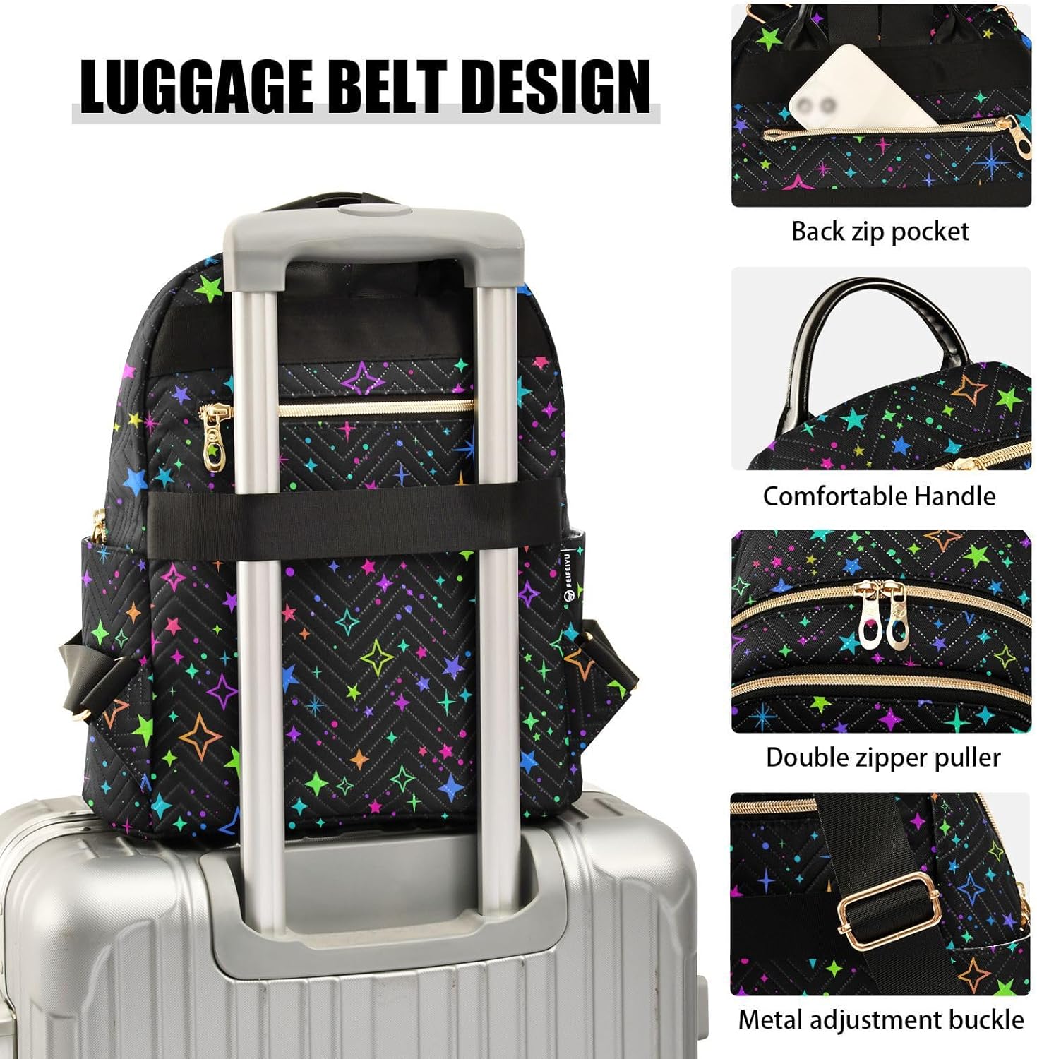 Neon Stars Women's Quilted Backpack Casual Lightweight Backpack Purse Ladies Fashion Travel Handbag Shoulder Bags S