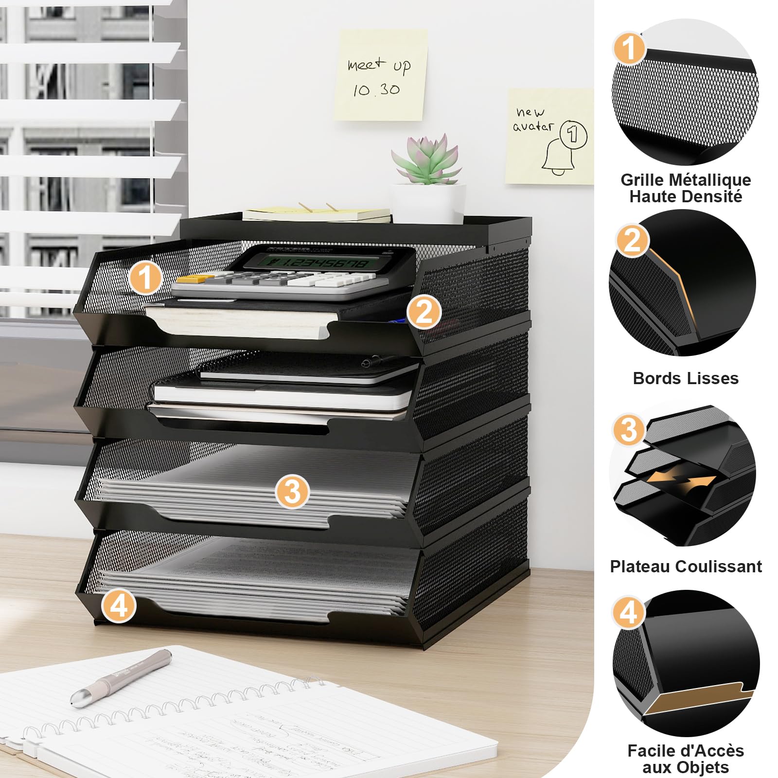 PUNCIA Corbeilles à Courrier 4 Niveaux avec Porte-Étiquette Métallique | Organiseur de Bureau Empilable Trieur A4 pour Bureau Rangement de Documents Courriers et Factures Design Gain de Place Noir