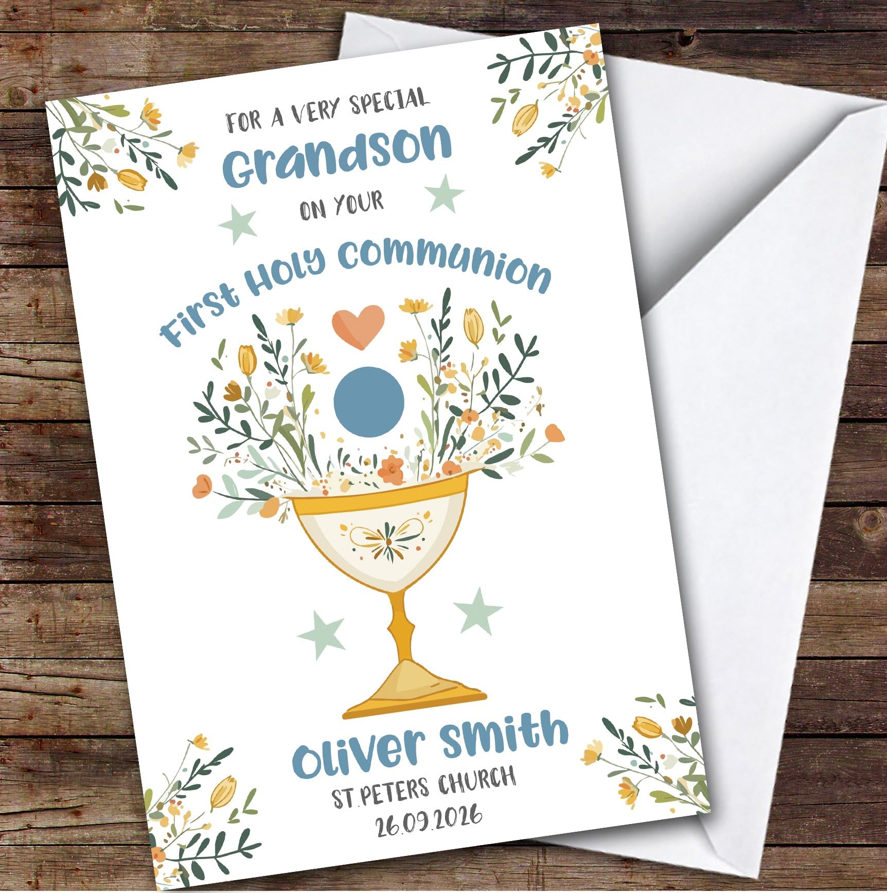 Personalised First Holy Communion Card For Grandson Blue Chalice | Personalized Custom Unique Greetings Card For First Holy Communion Any Text Inside & Out