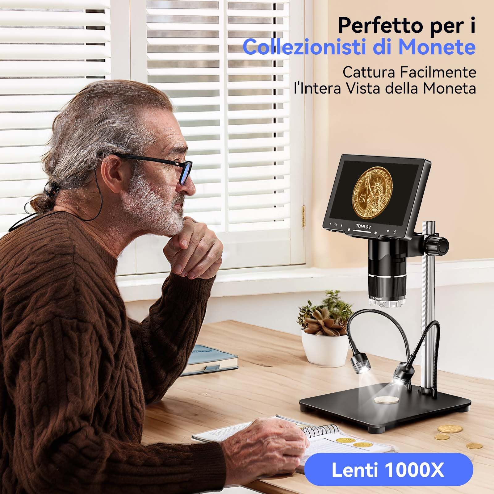 TOMLOV TriL107 Microscopio Digitale a 3 Lenti 7" 2K IPS, 2500X Ingrandimento per Monete e 14 LED, Microscopio di Saldatura con Supporto da 12,6" per Adulti, Compatibile con PC/TV, 64GB