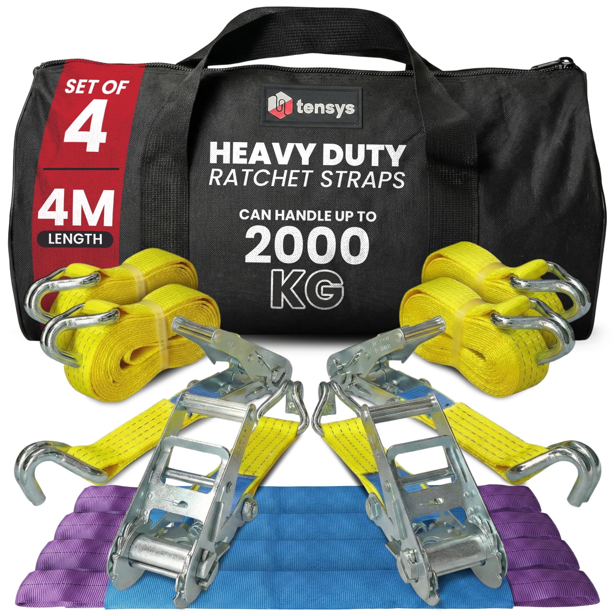 Heavy Duty Ratchet Straps Set of 4 - Professional Wheel Straps for Car Transporter, Recovery Vehicle, Trailer, Cargo, Motorcycles, 2000kg Lashing Capacity, Adjustable Polyester Webbing Strap