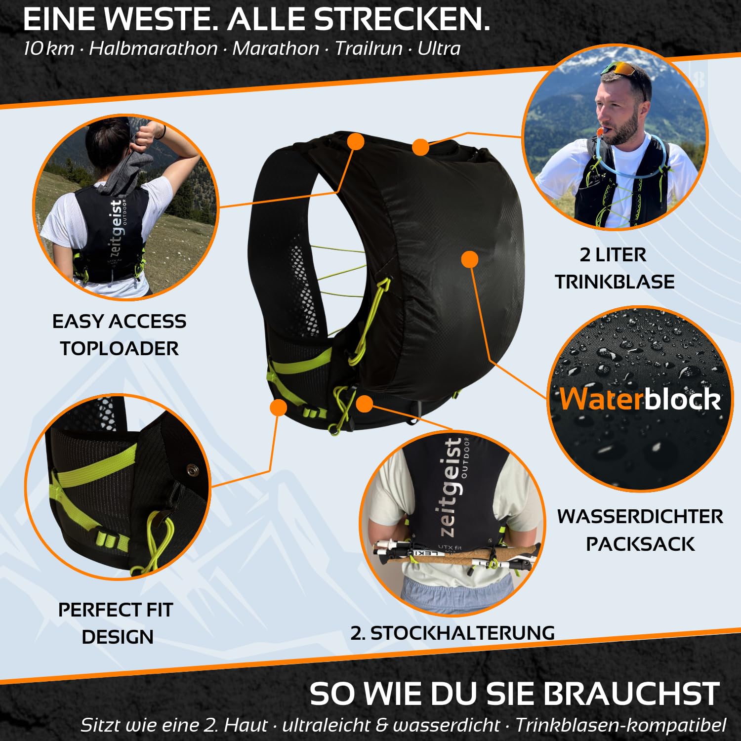 Laufweste Damen und Herren 2 in 1 Laufrucksack 4L & 12L optimale Passform atmungsaktiver Trailrunning Rucksack ultraleichte Running Vest 245-290gr Trinkruckack Laufen