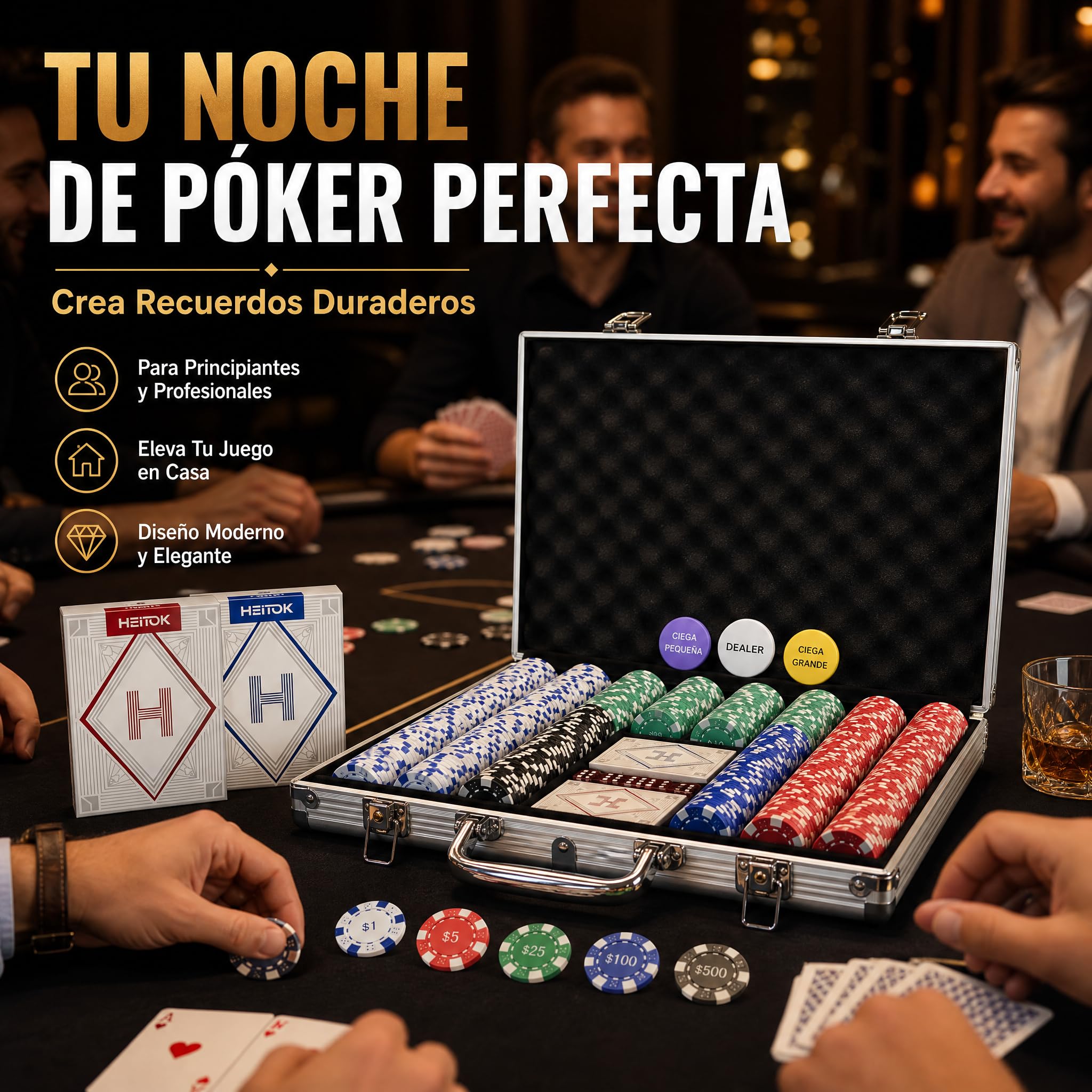 HEITOK Juego de Fichas de Póker 500 Fichas Numeradas – 11,5g con Denominaciones y Estuche Robusto para Adultos