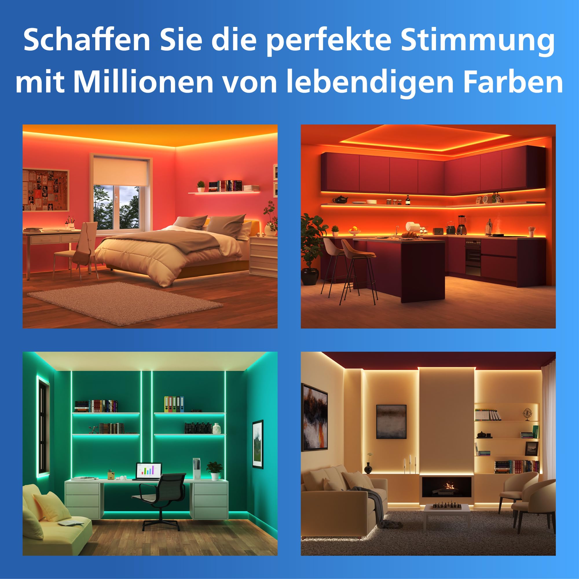 Philips Smart Lighting RGB-LED-Streifen, 5 m, Typ C, 16 Mio. Farben, Voreingest. Lichtmodi, Zuschneidbar, Einf. Einrichtung, Kompatibel m. WLAN, Connected by WiZ, Google Home, Alexa, Apple Home