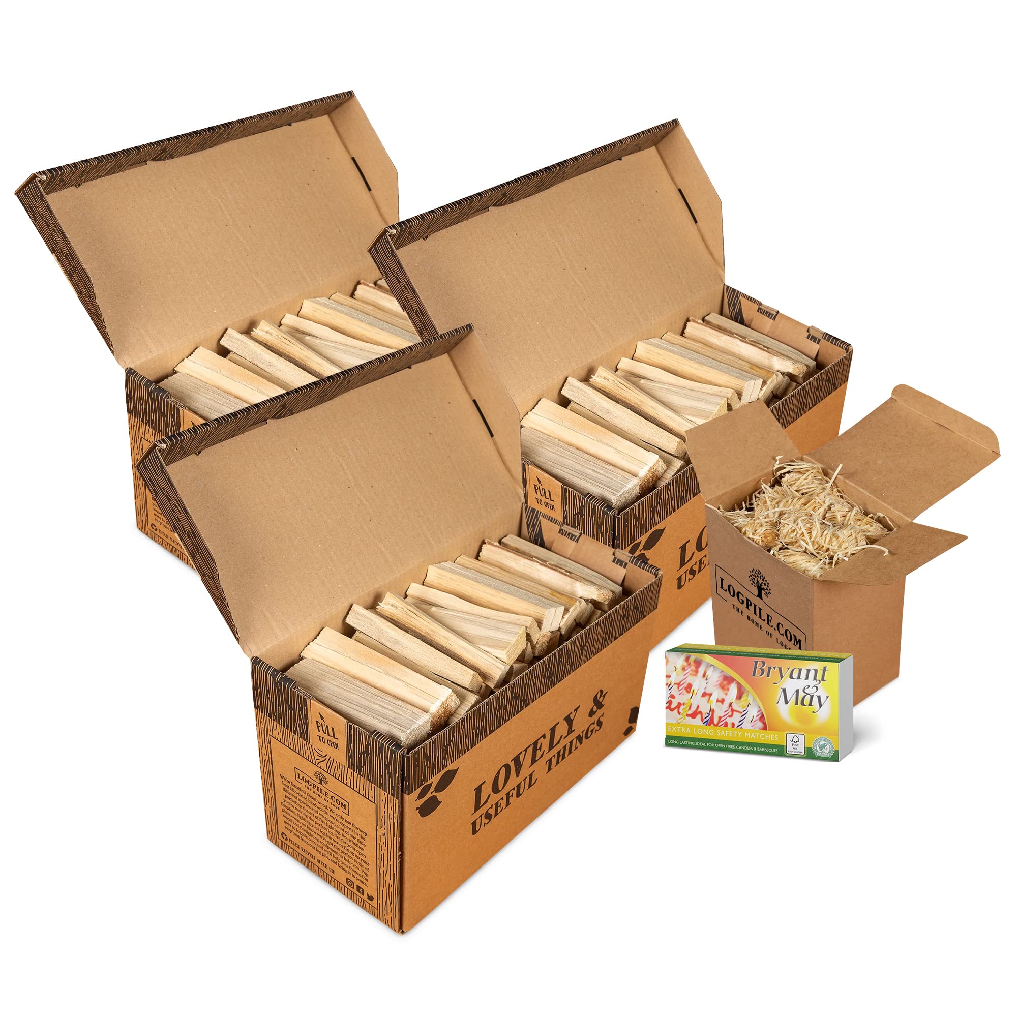 Logpile - Kiln Dried Kindling Wood Starter Kit | 3 boxes of Kindling, Firelights and Safety Matches | Smokeless Fire Starter for Pizza Oven, & Outdoor Fire Pits, BBQ | Quick & Easy Fire Lighting