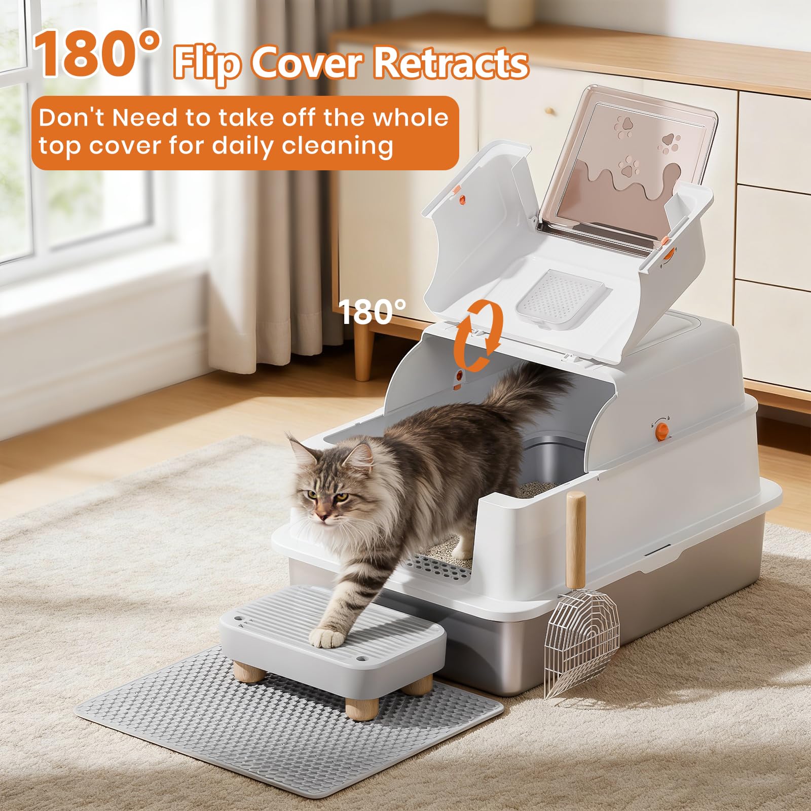 Stainless Steel Litter Box with Lid, 28" Extra Large Cat Litter Pan, Enclosed Metal Litter Box with Litter Scoop & Filter Pedal, Anti-Leakage, Odor Free, Non-Sticky, Anti-Leakage, Easy Cleaning - image 3