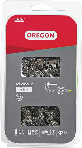 Oregon S62T AdvanceCut Chainsaw Chains 2-Pack, for 18-Inch Bar, 62 Drive Links, 2x Replacement Chainsaw Blades, .050 Inch Gauge, 3/8 Inch Pitch, Fits Craftsman, Atlas, Homelite, Ryobi, Ego & More