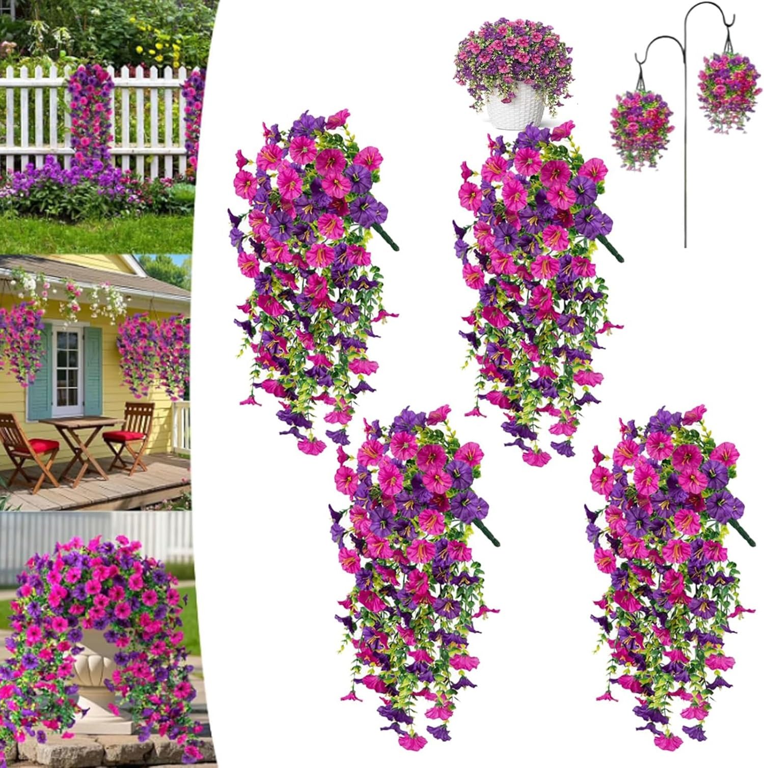 DAO-UPPSE Fade-Resistant Hanging Artificial Silk Morning Glory Vine, With Eucalyptus Leaves For Outdoor Porch Decor(Mixed color)