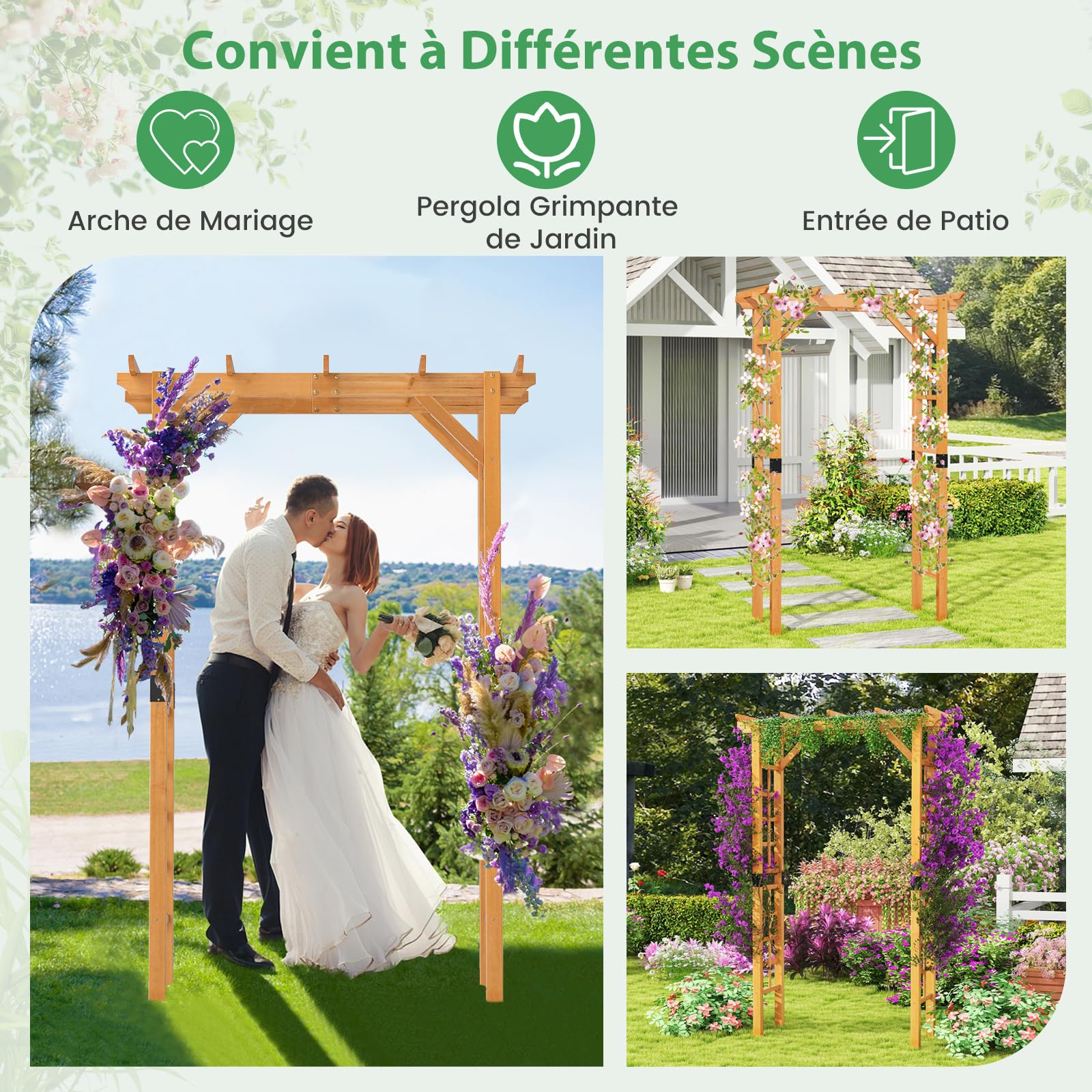 COSTWAY Arche de Jardin en Bois pour Plantes Grimpantes, Arceau à Rosiers en Treillis Extérieur 140x60x215CM, Support de Toile de Fond Plat, Décoration Mariage Fête et Cérémonie