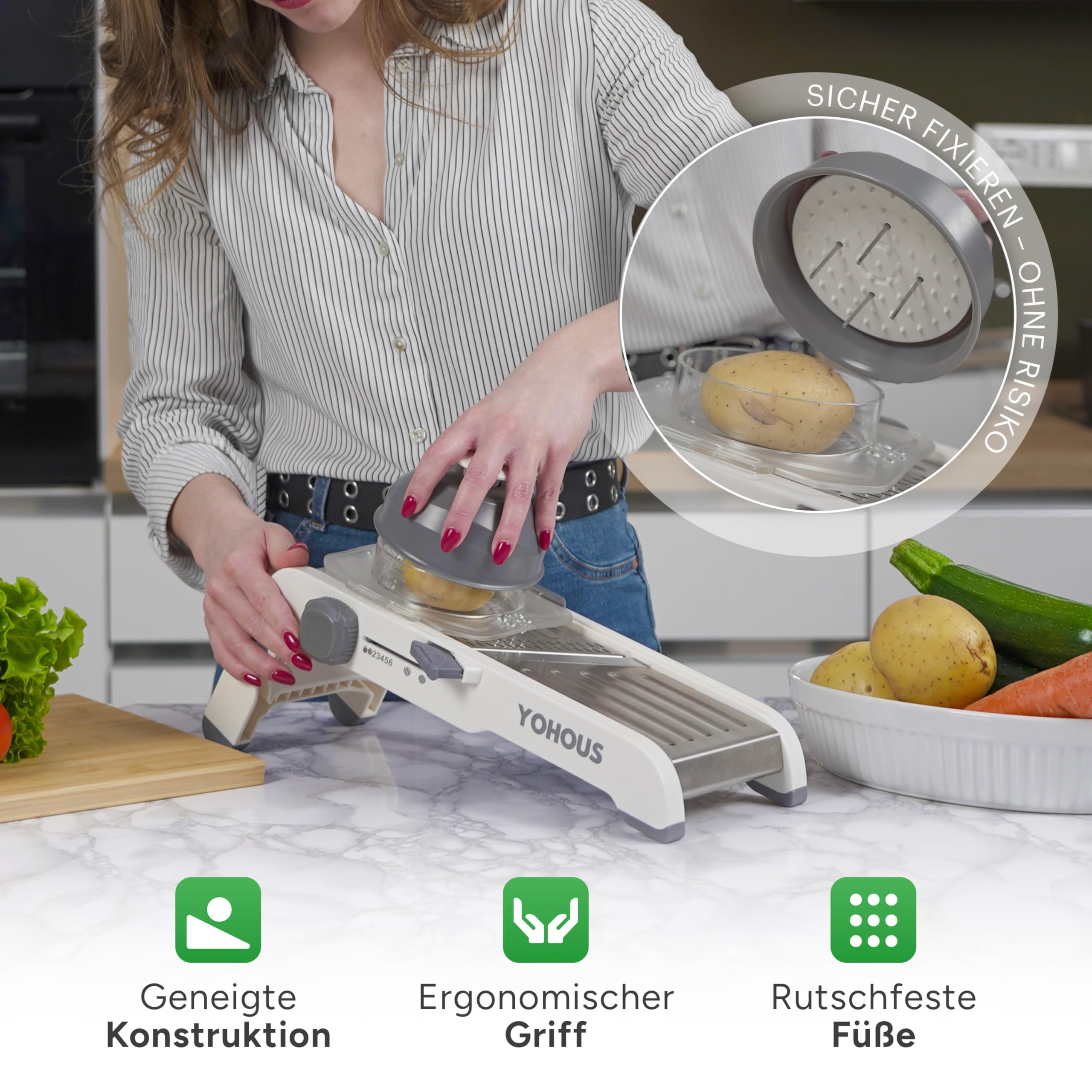 Gemüsehobel Mandoline Edelstahl – Professioneller Gemüseschneider mit einstellbarer Schnittstärke, Julienne/Würfel/Scheiben, spülmaschinengeeignet