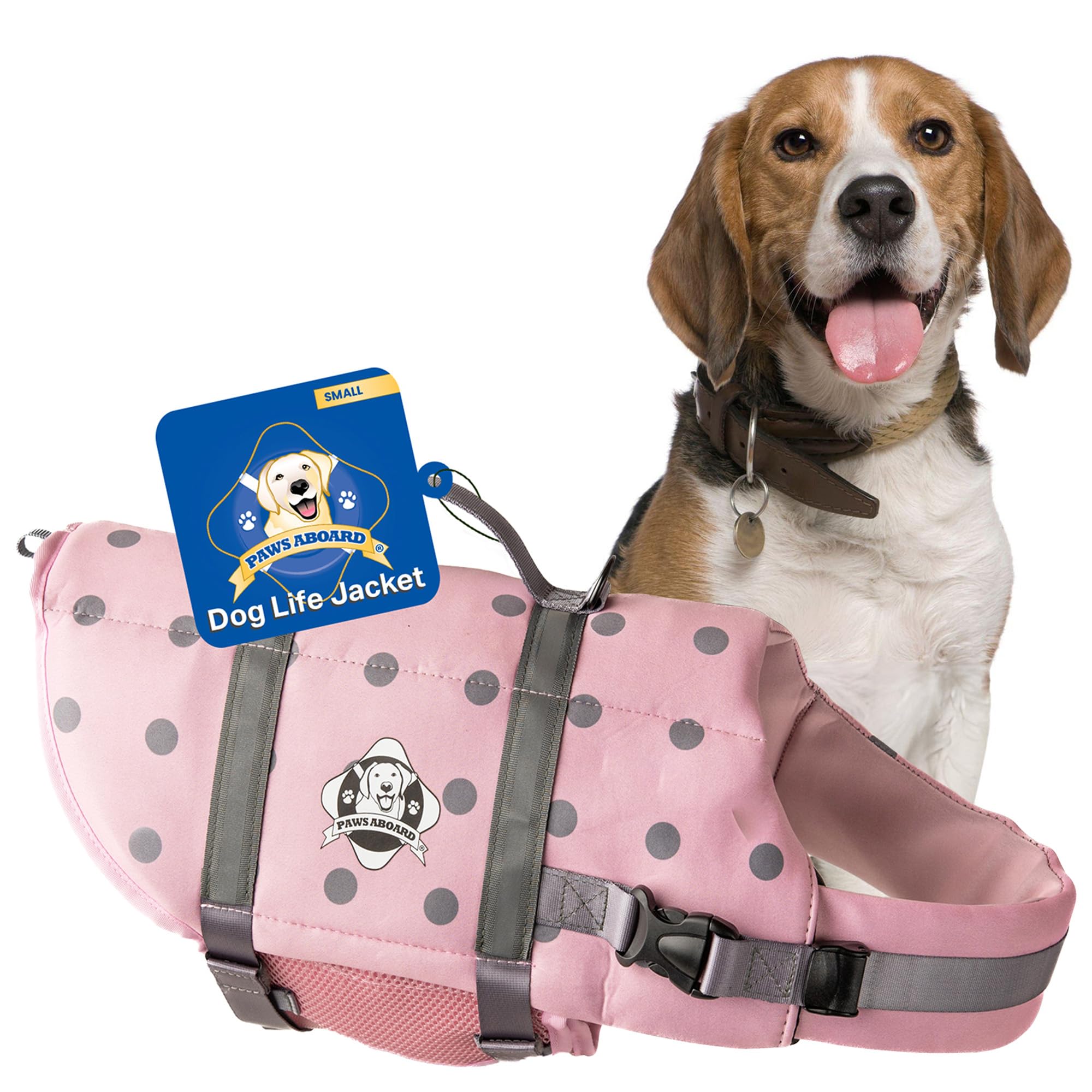 Paws Aboard Dog Life Jacket - Swimming Vest for Dogs, Adjustable, Reflective, Comfortable, Multiple Colors, Patterns, XX-Small to Extra Large Dog Swim Vest with Handle (Pink/Silver, Small)