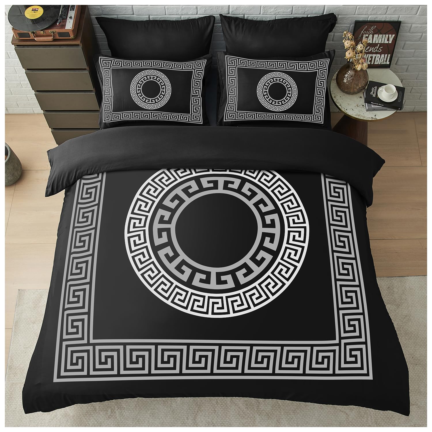 Gc Gaveno Cavailia Black Greek Double Duvet Set - Easy Care Microfiber Quilt Cover With Pillowcases - Lightweight & Durable Duvet Comforter - Geometric Style Bedding Set,