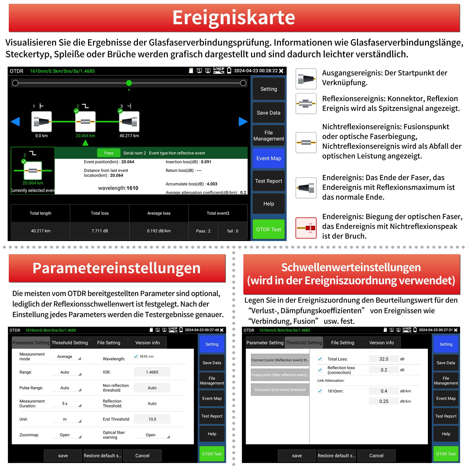 Henkion OTDR-Glasfasermessgerät 8 Zoll IPS-Touchscreen, 1610 nm 32 dB Live Testing, Multifunktionaler Netzwerktester mit Expert Event Map, LS, OPM, VFL, OLS, WiFi und RJ45 Kabeltest Network Tools