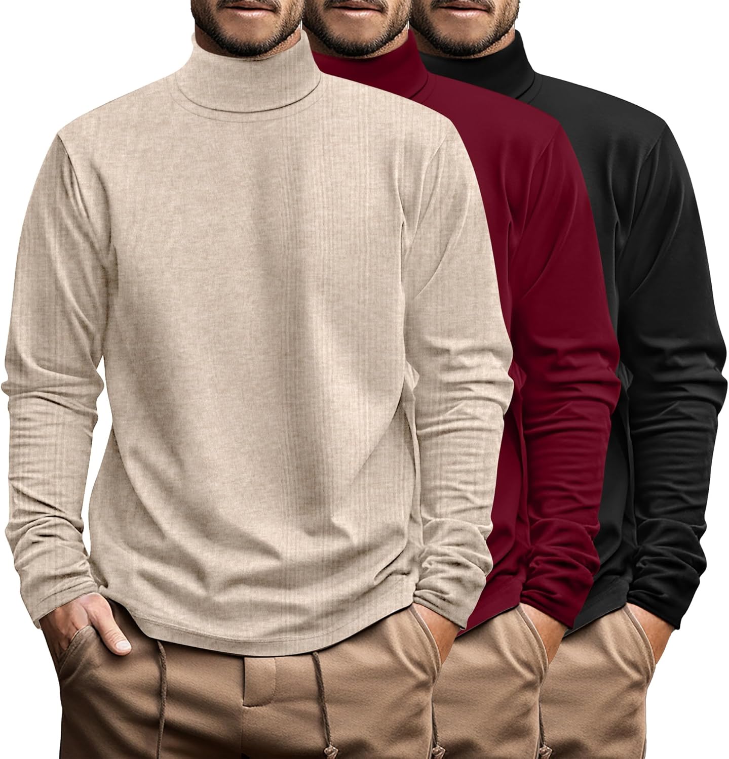 Ficerd 3 Pack Men's Big and Tall Turtleneck Shirts Cotton Long Sleeve Turtle Neck Tops Plus Size Loose Fit Basic Tee