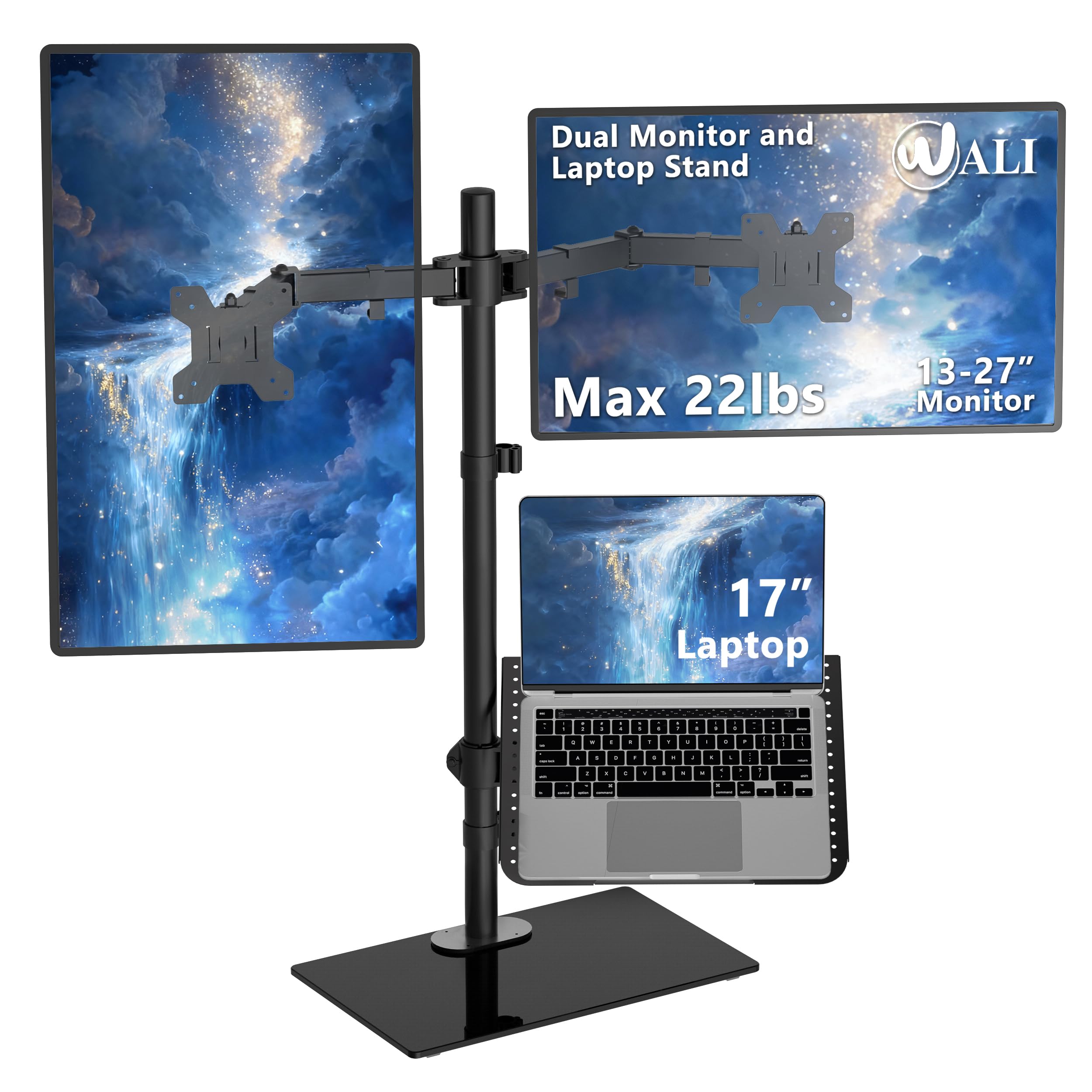 WALI Dual Monitor Stand with Laptop Holder, Height Adjustable Laptop Stand for Desk, Fits up to 27 inch Monitors and 17 inch Laptops, Freestanding