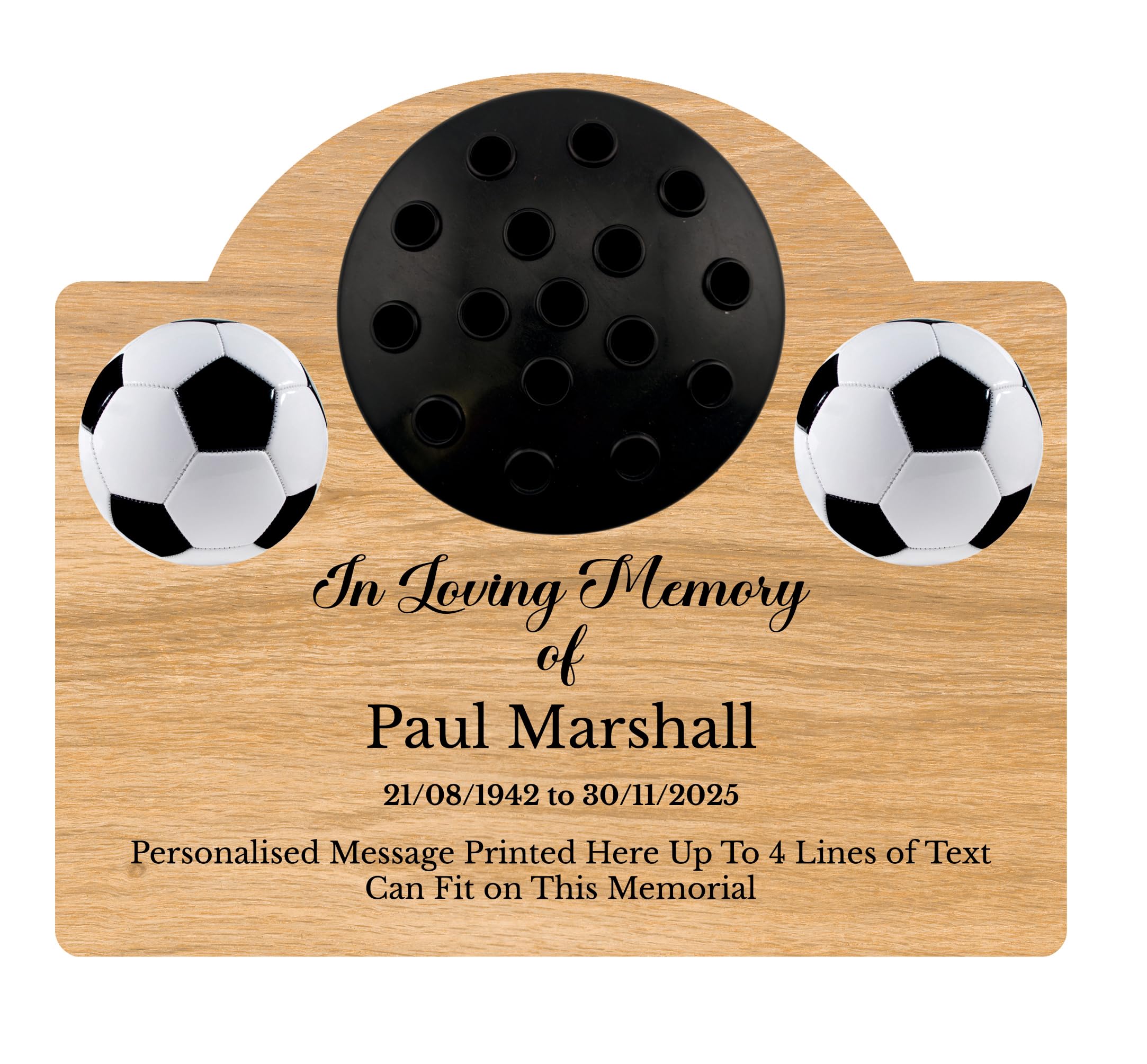 1stclassgifts Personalised Football Design Metal Grave Stone Marker Headstone Memorial Plaque In Memory Sign Remembrance Flower Pot Vase (UV PRINTED) (Light Wood, Black Lid)