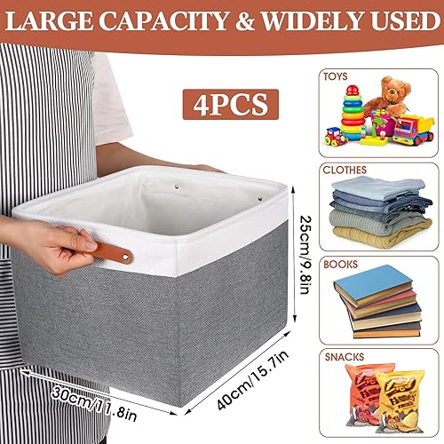 Miniatura 2 de Paquete de 4 contenedores de almacenamiento de gran capacidad para estantes, cestas de almacenamiento de armario de tela, cajas con asas de cuero