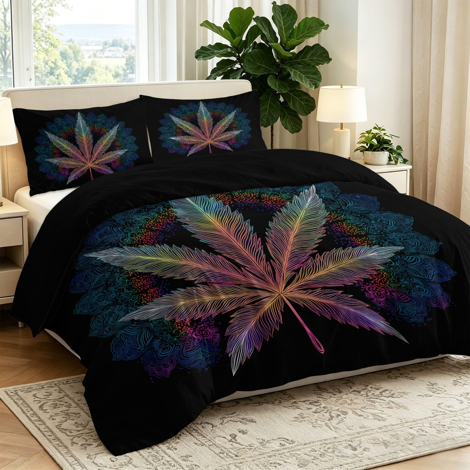 Biancheria da letto simmetrica con pianta di canapa e mandala, colore nero, stile psichedelico streetwear, in morbida microfibra, 155 x 220 cm, con 2 federe da 80 x 80 cm, per bambini, ragazze e