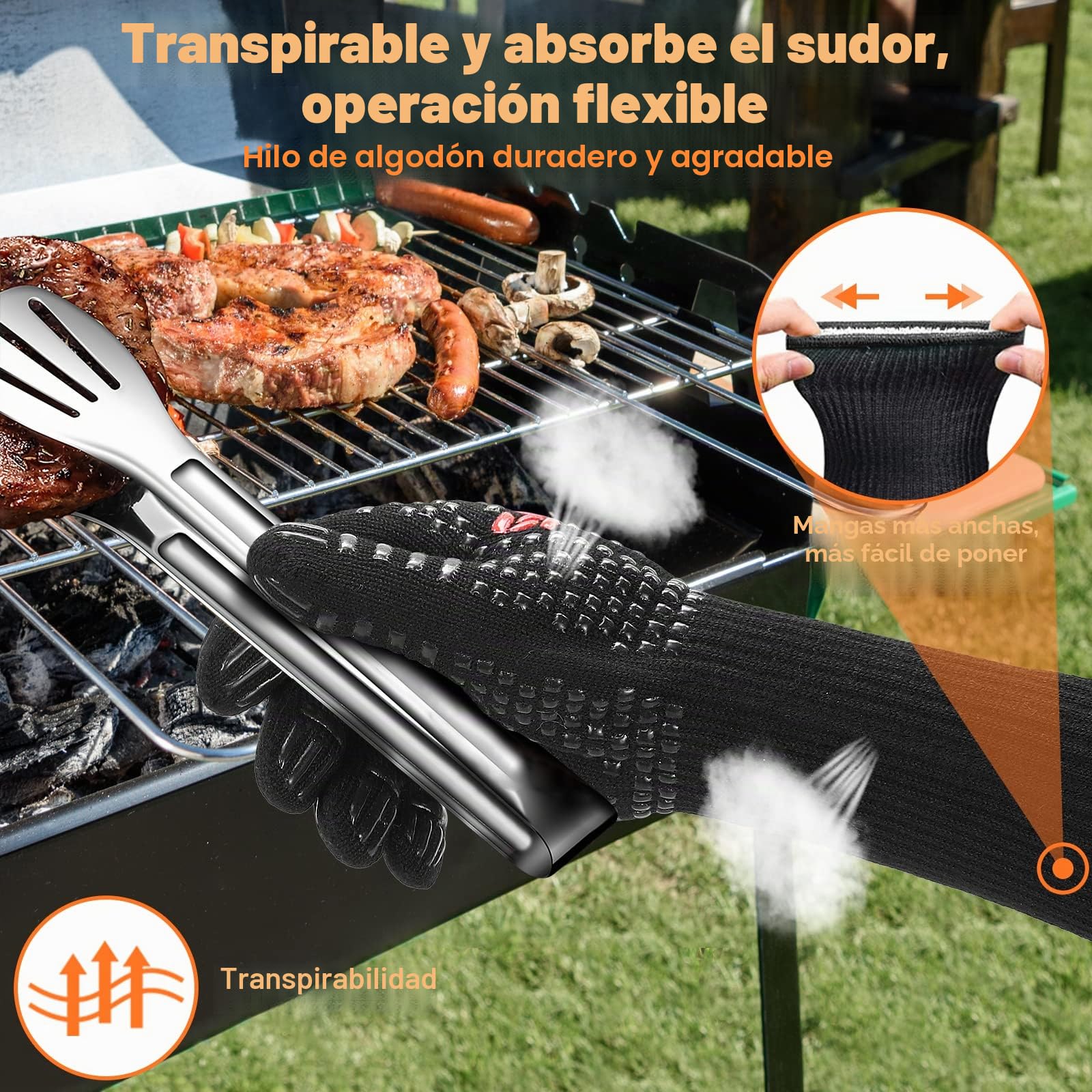 SPGOOD Guantes Barbacoa Guantes Horno Altas temperaturas Largos, BBQ Guantes Resistentes al Calor hasta 800℃ para Cocina, Parrilla, Hornear, Microondas, Chimenea Negro（L/XXL）