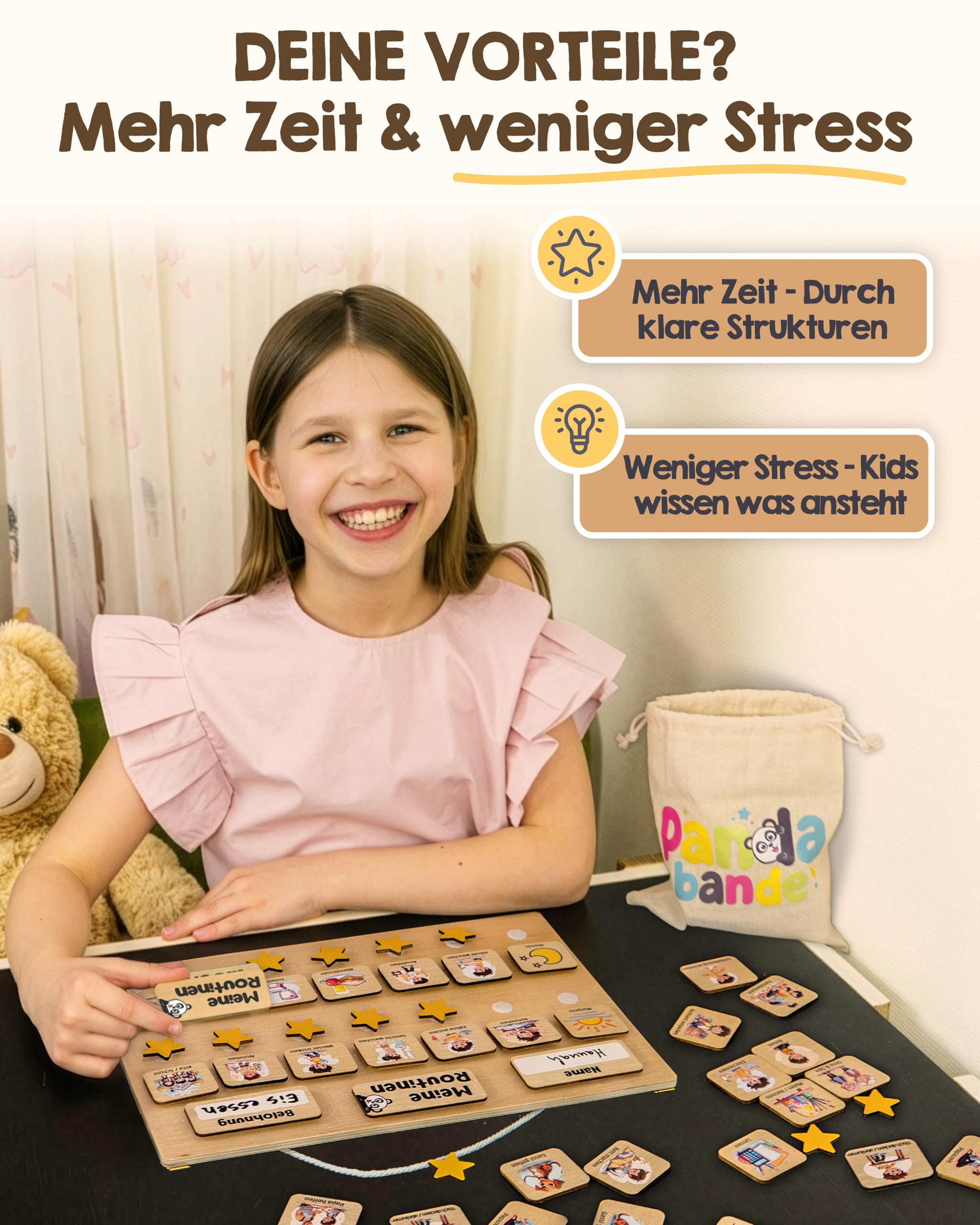 PANDABANDE Premium Routine Planer Kinder Holz - 100% FSC®-zertifiziert | Morgenroutine und Abendroutine mit 84 Karten & Sternen - Tagesplaner Kinder Routine - Routineplaner für Morgens und Abends
