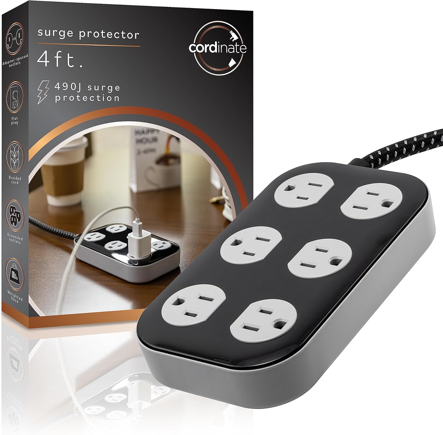 Cordinate Surge Protector Power Strip, 2 Outlet 10 Ft Braided Cord Power Strip with USB Ports, 3-Prong Flat Plug, White, 41691