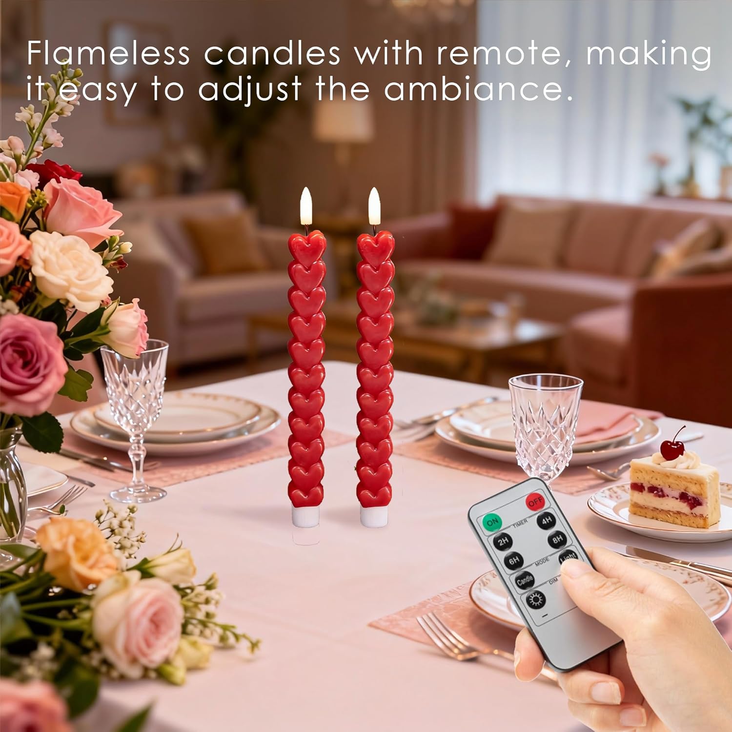 LUSHARBOR USHARBOR Flameless Taper Candles, 2 Pack Battery Operated LED Candles with Remote & Timer, Valentine's Day Flameless Heart Candle for Romantic Home Table Mantel Decor Weddings, Red