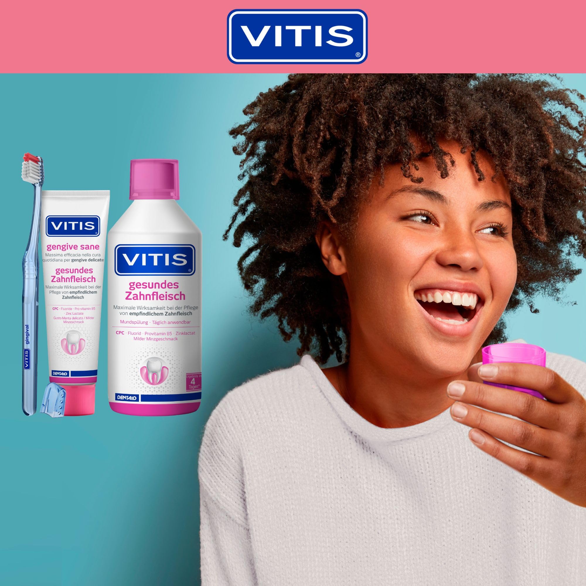 VITIS Kit de cuidado dental saludable para las encías – pasta de dientes y enjuague bucal + cepillo de dientes gingival – para el cuidado bucal diario