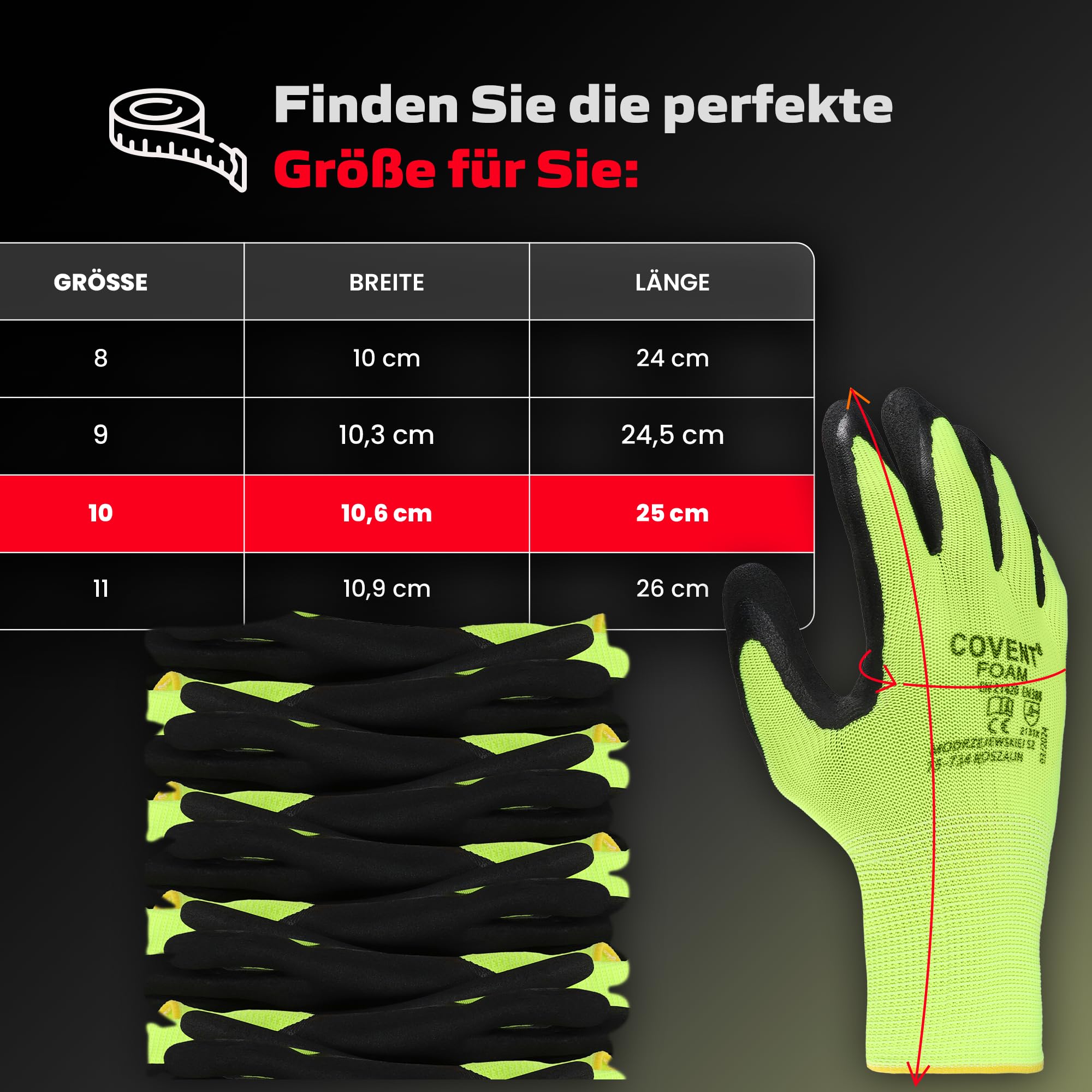 Covent FOAM Guantes de trabajo para hombre, talla 10, juego de 120 unidades, guantes de montaje, categoría II, EN388, guantes de construcción para constructores, mecánicos y montadores