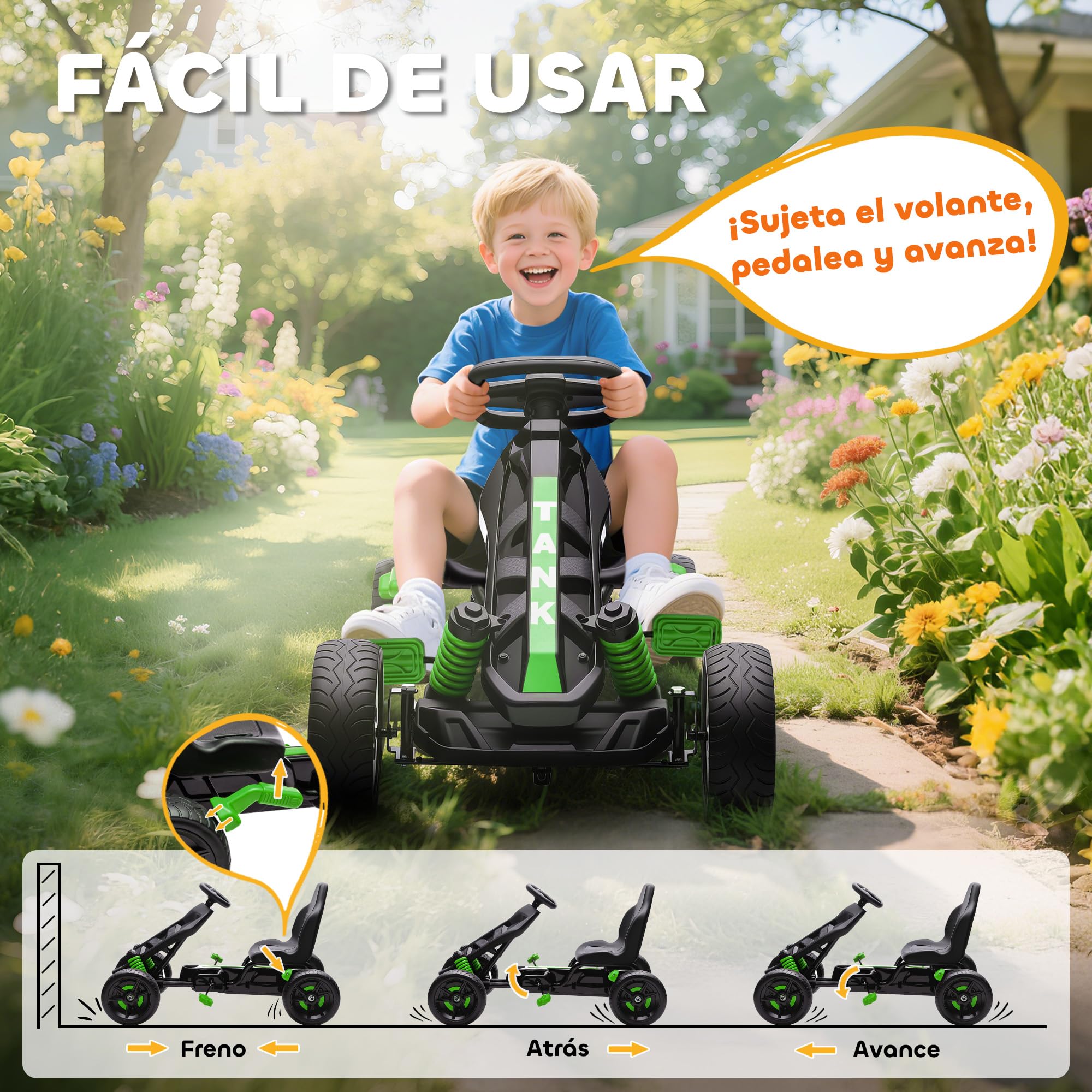 AIYAPLAY Kart Pedales para Niños de +3 Años Go Kart con Embrague Automático Freno Ruedas Antideslizantes de EVA y Marco Metálico Carga 50 kg Verde