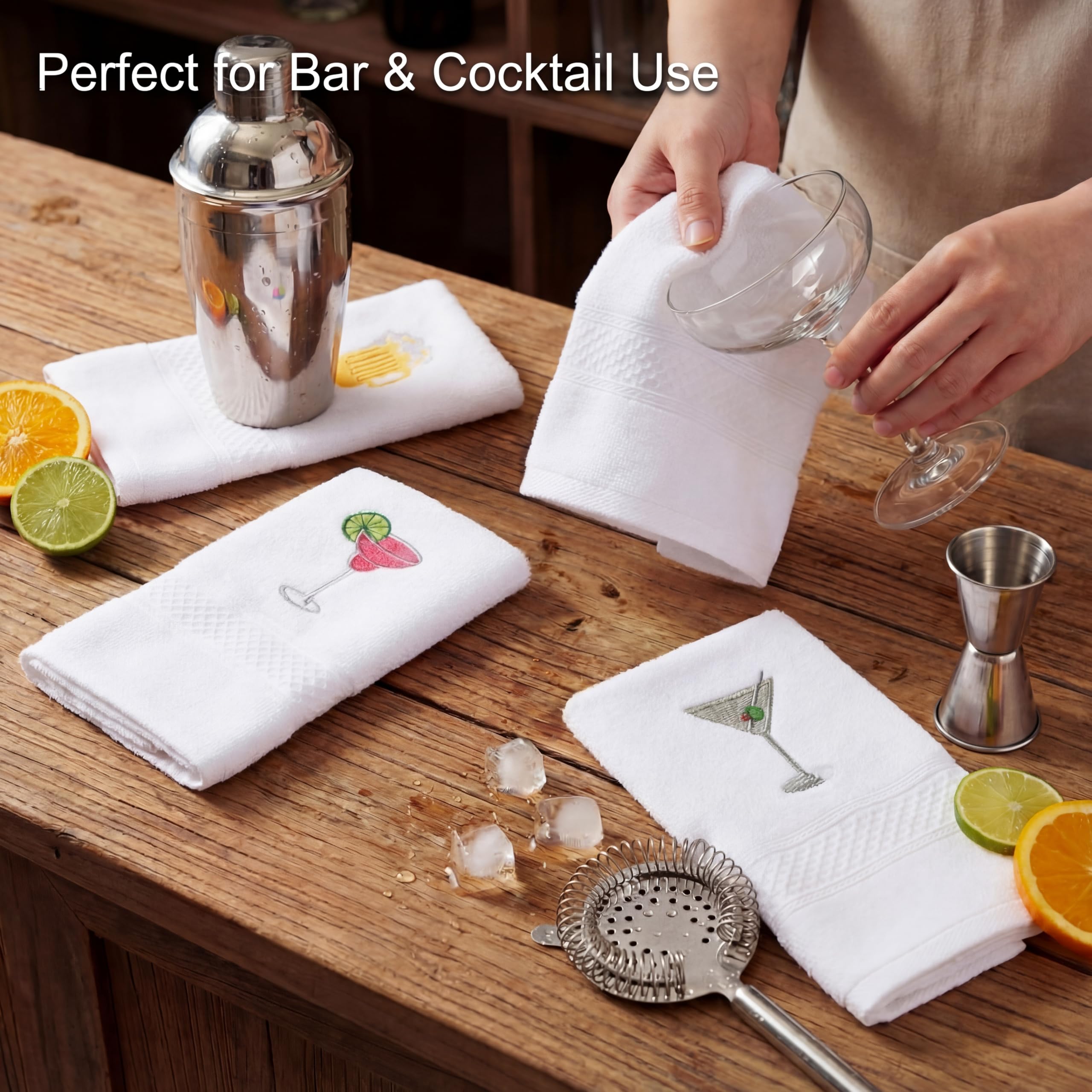 HunnmingRe 4 Pack Bar Towels with Martini Embroidery - Wine Cocktail Drink Themed Gifts Cotton 29.5'' x 13.8'' Kitchen Hand Soft Absorbent Dish Cloth Bathroom Decorative Home Bar Cart Accessories