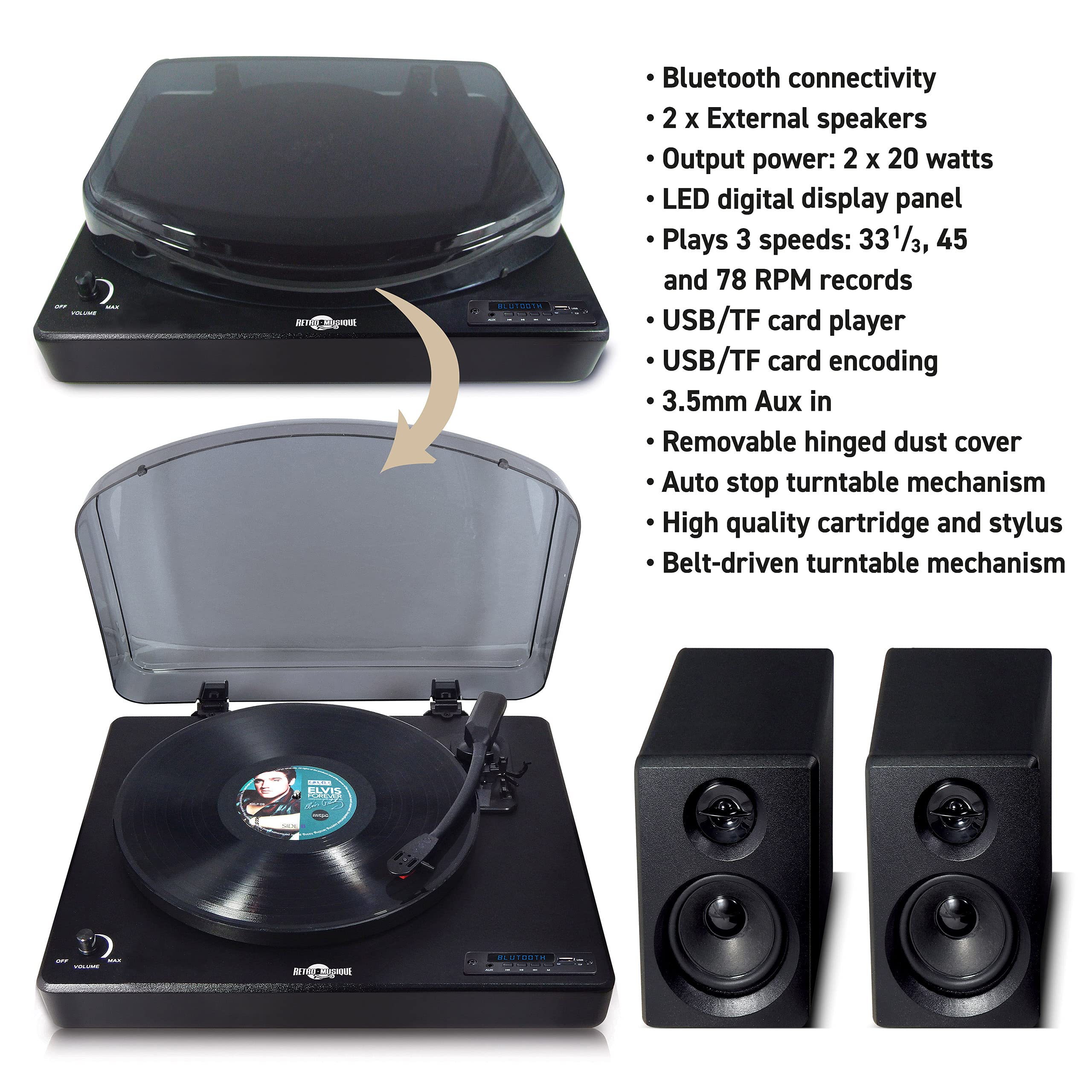 NEW Retro Musique Bluetooth Table Top Turntable/Record Player In Wood