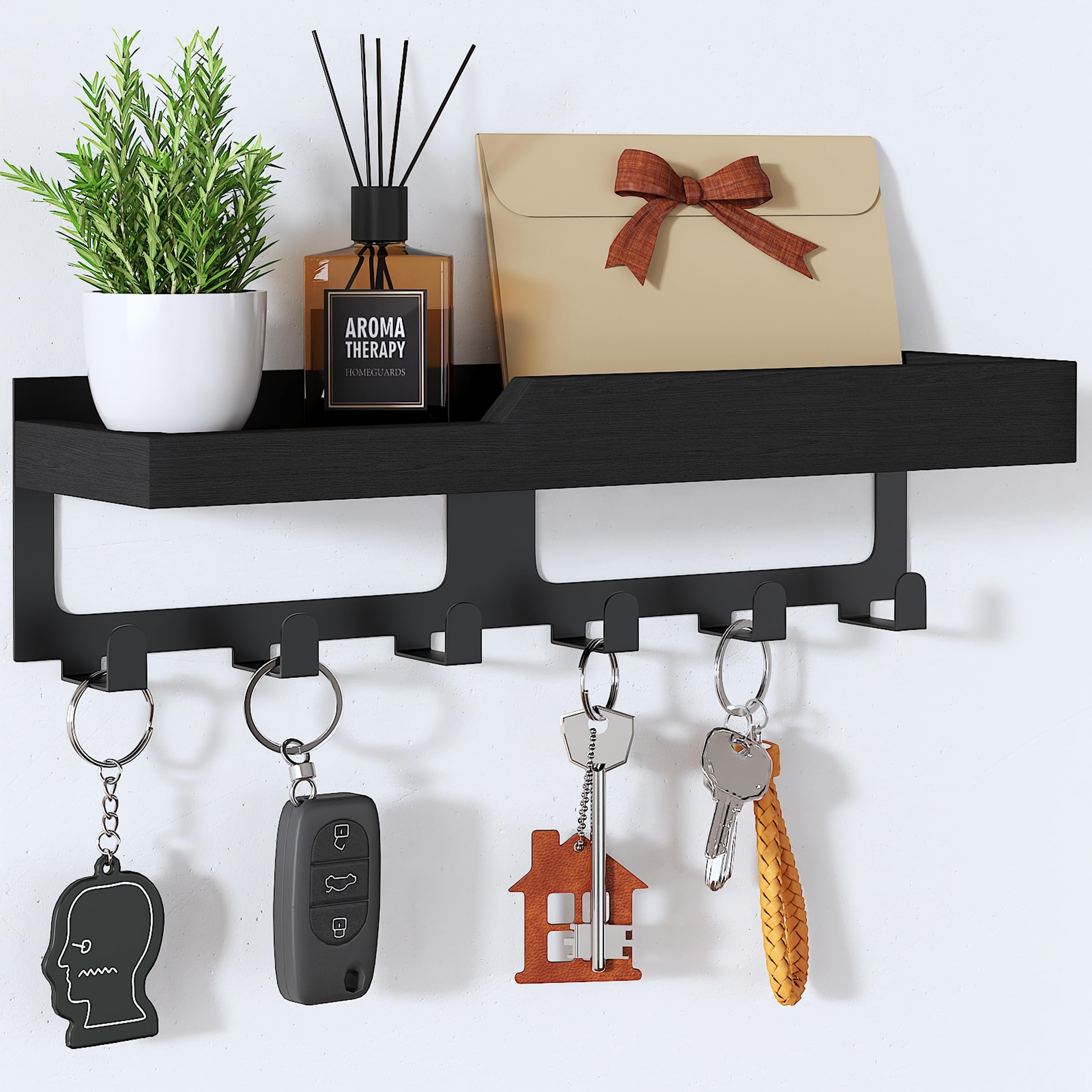 HapiRm Schlüsselbrett mit Ablage Shlüsselhaken – Schlüssel Organizer Wand mit Holztablett & 6 Haken, Wohnkultur Schlüsselkasten Holz Schlüsselbord, Schlüsselbrett Wand für Flur, Eingangsbereich, Büro