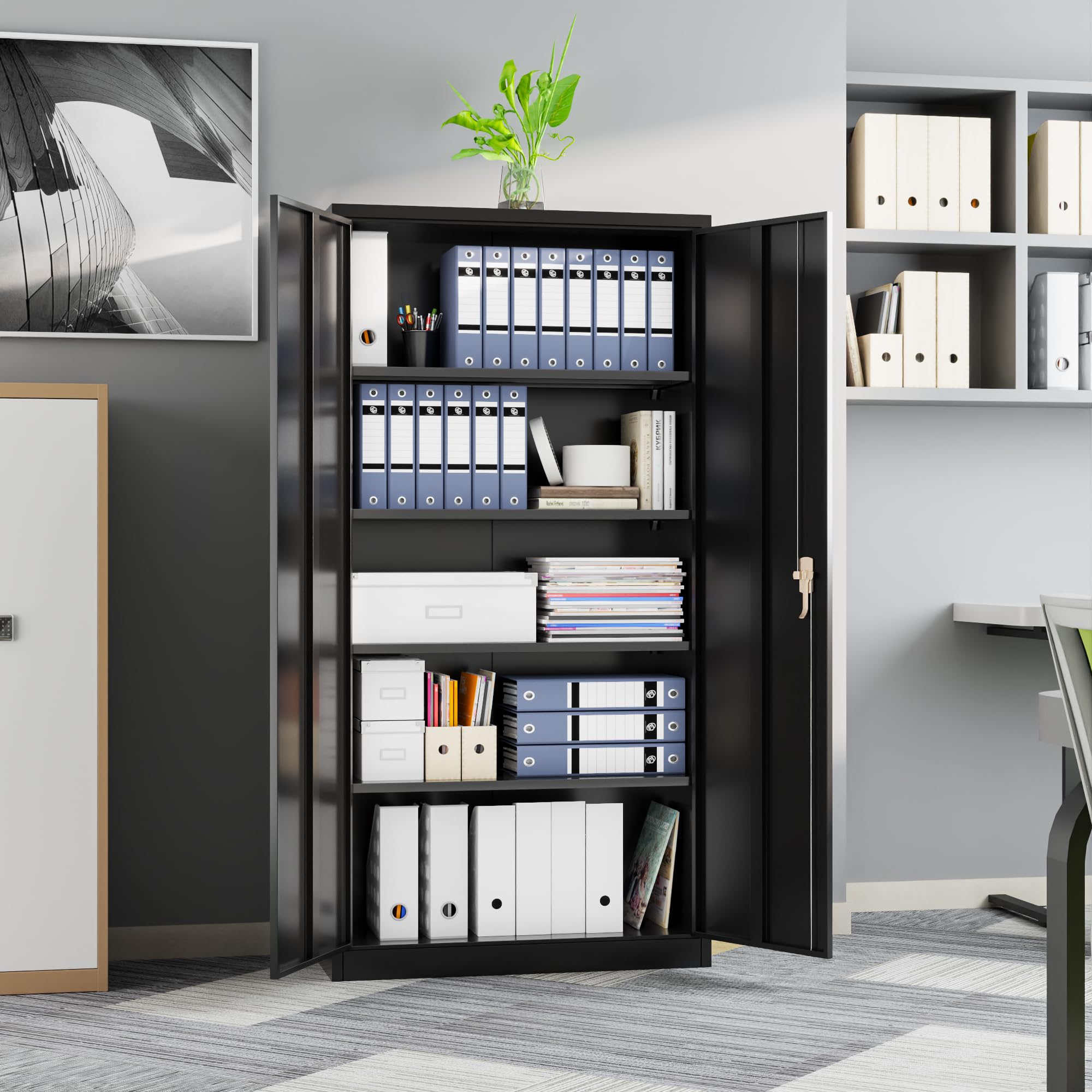 SUPEER Aktenschrank,Metallschrank mit 4 höhenverstellbaren Fachböden,Stahlblech Pulverbeschichtung,Stahlschrank für Werkzeuge,Garage180 x 80 x 40 cm（schwarz）