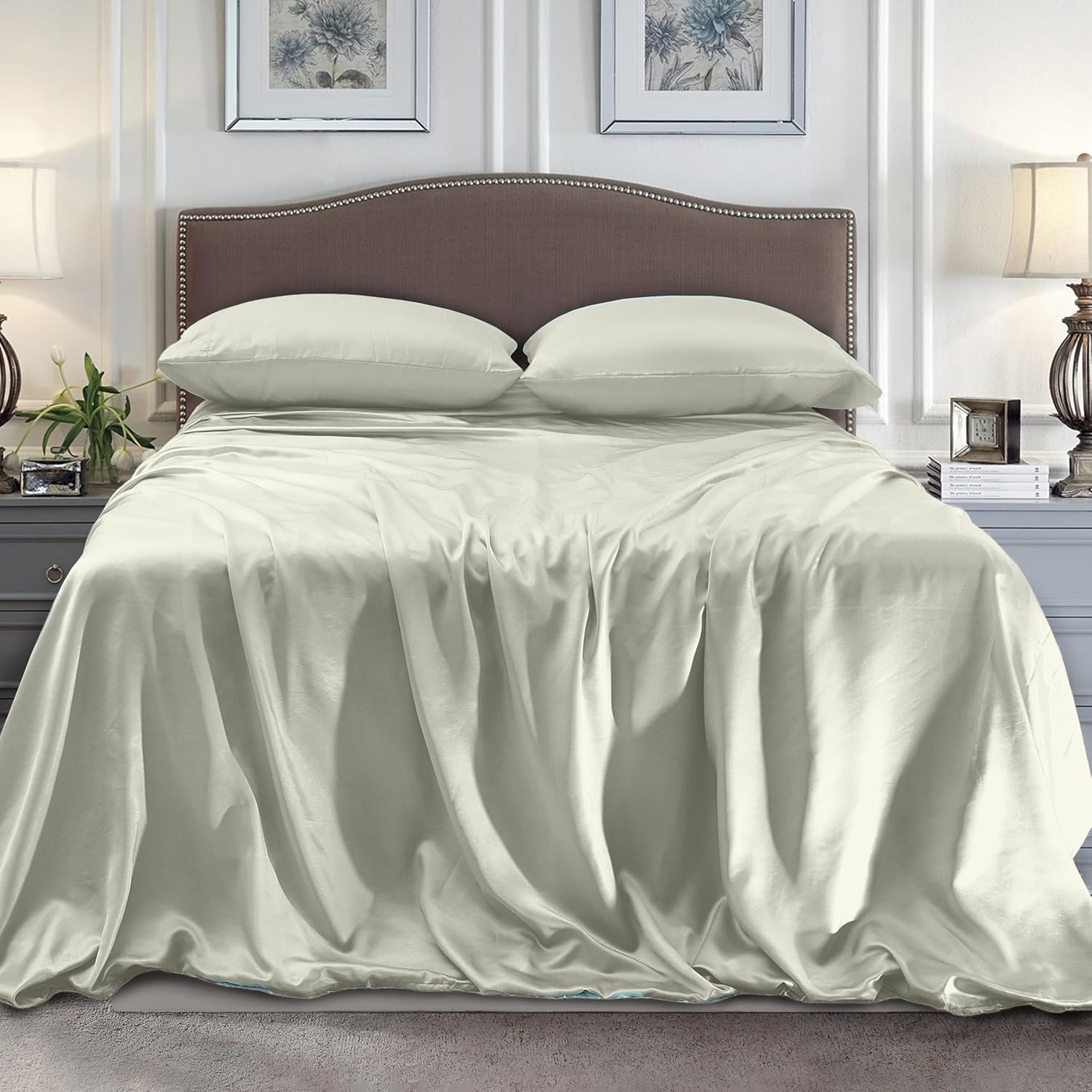 Mocassi Premium Satin 4-Piece Bed Sheet Set Ultra Smooth, Cooling, Gentle on Skin and Hair - Deep Pocket Fitted Sheet, Long-Lasting Wrinkle and Stain Resistant Fabric, Queen, Light Jade
