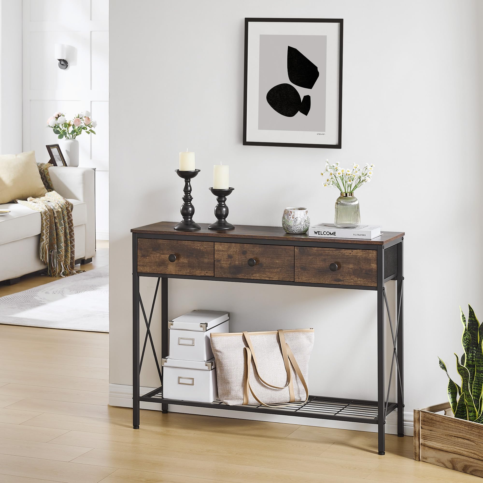 FAVOOSTY Mesas de Consola, Mesa de sofá con 2 cajones y estantes de 1 Nivel, Mesa de Pasillo de Madera, 101.00 × 29.50 × 76.50 cm para Pasillo, salón, Dormitorio