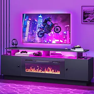 DWVO Fireplace TV Stand with 36" Electric Fireplace, Entertainment Center with LED Lights, Modern TV Cabinets for 65/75 Inch TVs for Living Room, Black