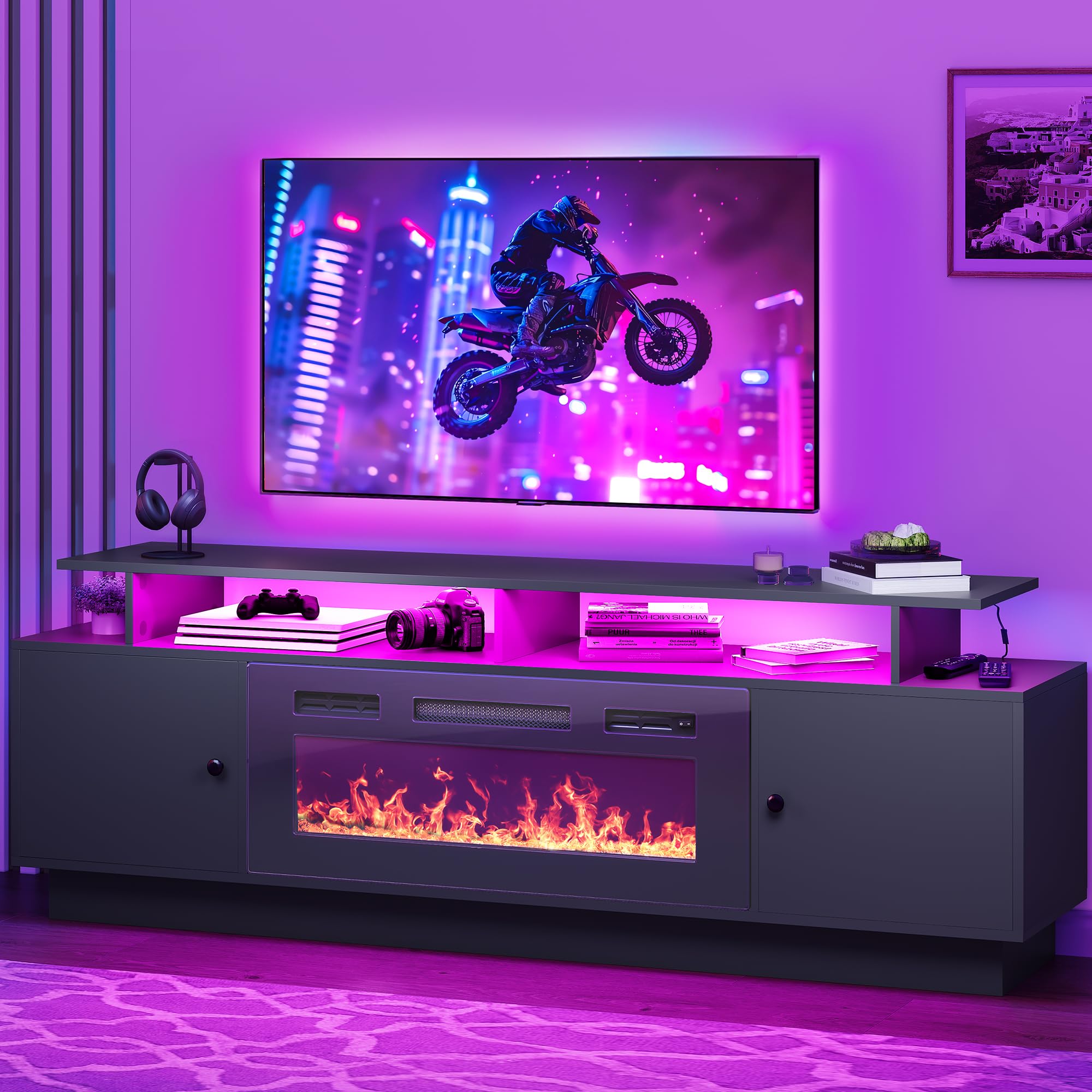 DWVO Modern TV Stand with Fireplace, TV Cabinet with 36" Electric Fireplace, Entertainment Center with LED Light Strips, Media Console for Living Room, Black