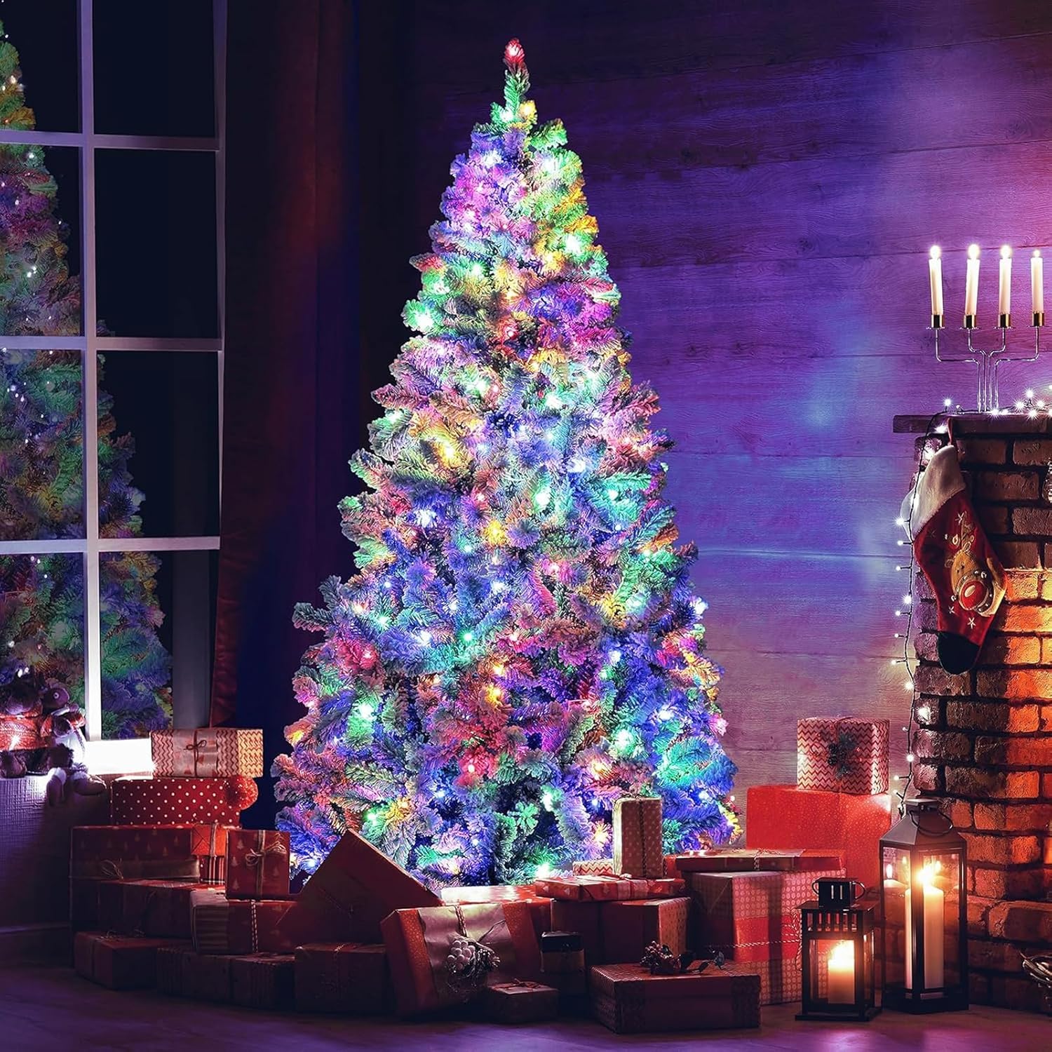 Fenbeli 6FT Snow Flocked Pre Lit Christmas Tree with 250 Colorful LED Lights Full Artificial Xmas Tree 1000 Branch Tips Hinged PVC Evergreen with Metal Stand for Indoor Holiday Home Decoration