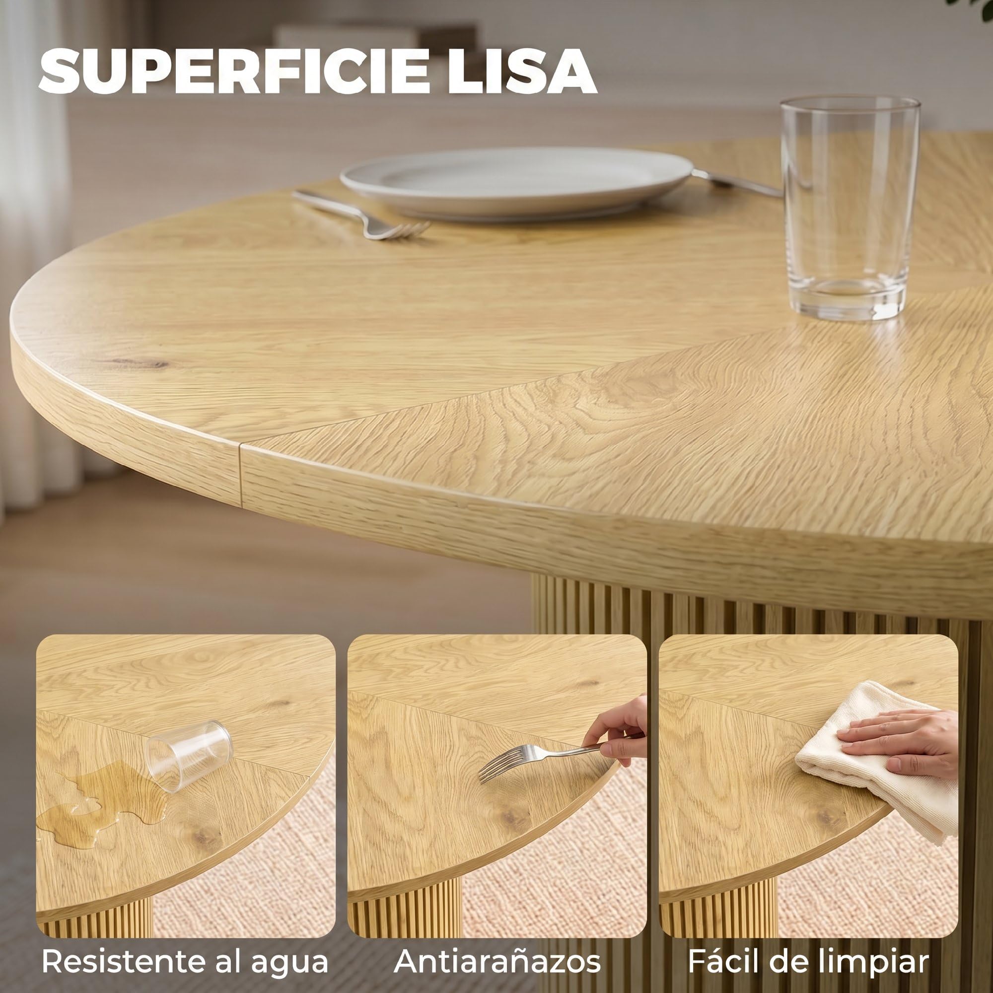 HOMCOM Mesa de Comedor Redonda Base Cilíndrica para 4-6 Personas Roble | Mesa de Cocina , Base Acanalada, Marco Metálico, para Sala de Estar, Carga 100 kg