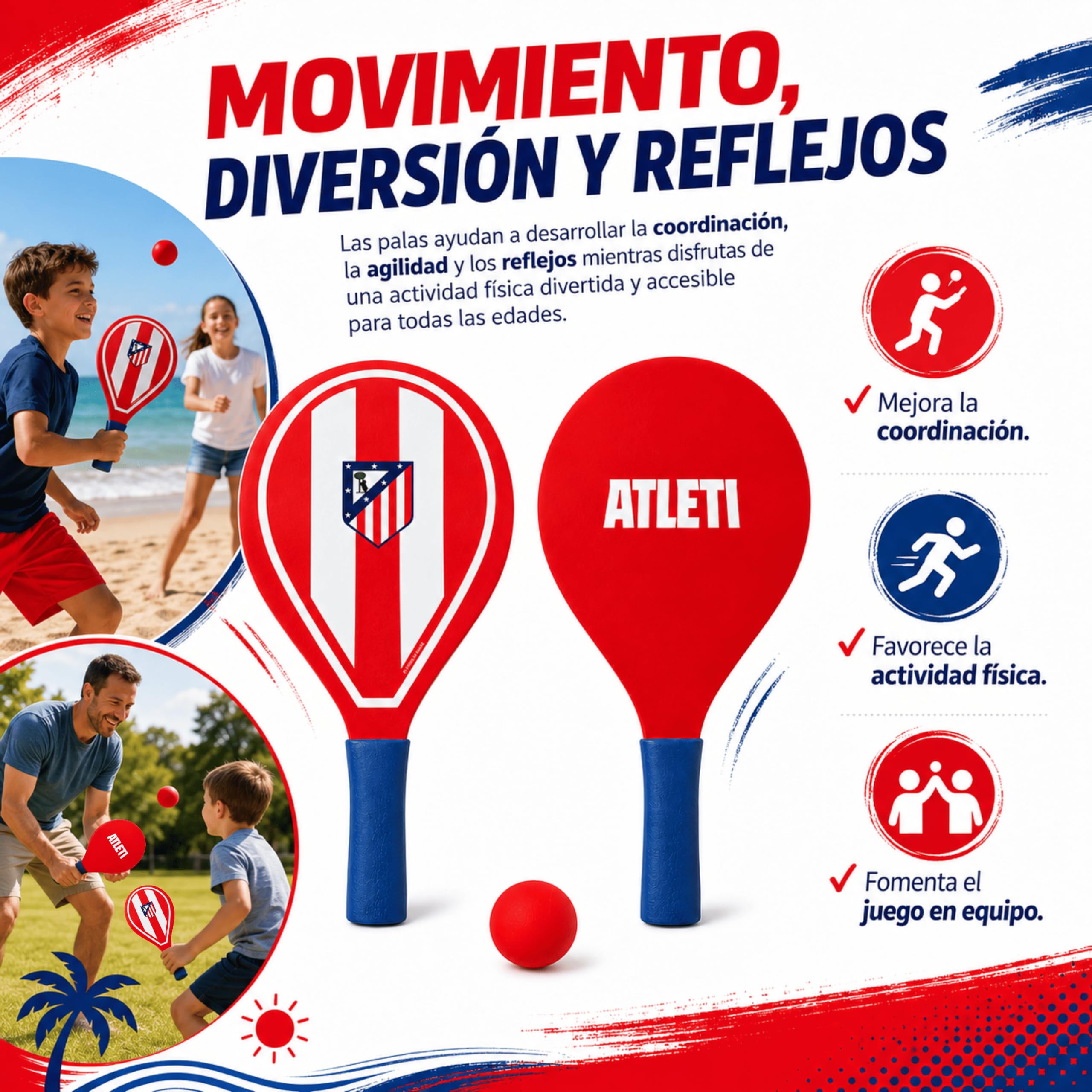 Palas de Playa Atlético de Madrid con Pelota Incluida | Set de 2 Raquetas de Playa de Plástico | Juego de Palas para Niños y Adultos | Ideal para Playa, Piscina, Jardín y Vacaciones