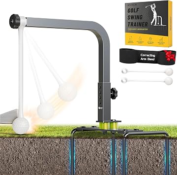 Upgraded 6in1 Golf Swing Trainer Swing Path Check Metal Golf Training Aid | 5-Level Height Adjust, Stable 4 Ground Stakes, Swing Correcting Arm Band, Backyard Outdoor Golf Training Accessories