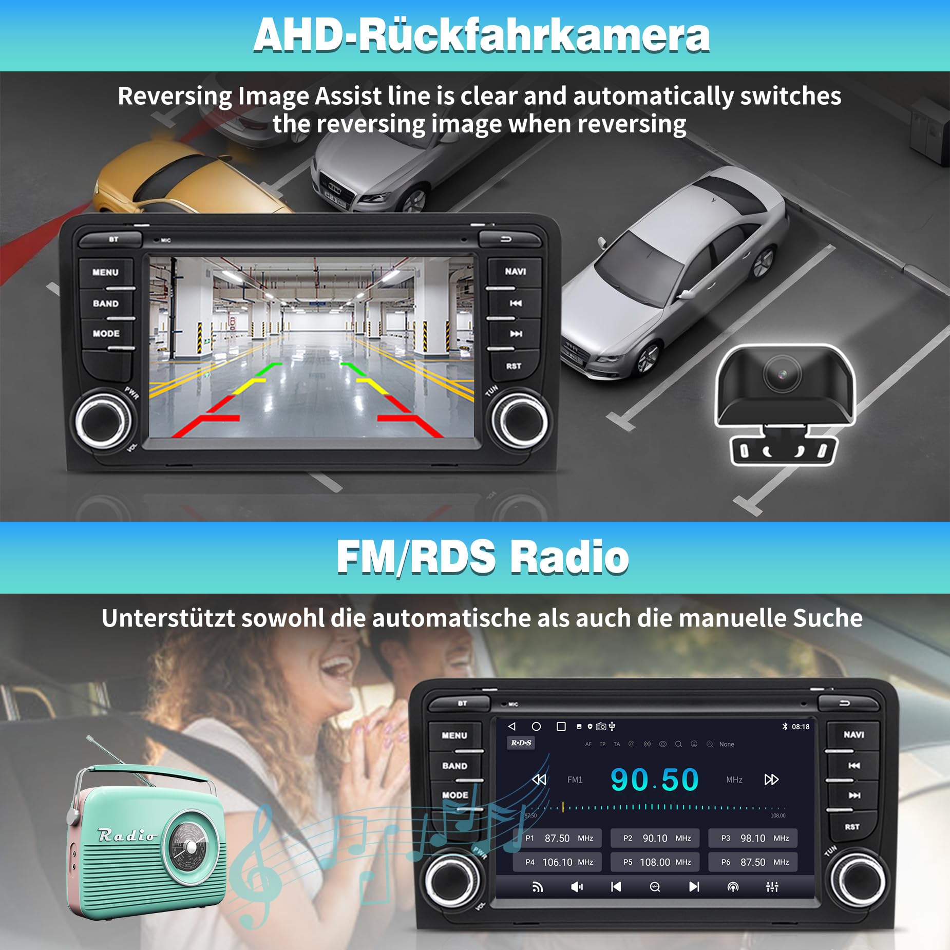 Autoradio Android 13 per Audi A3/S3/RS3 8P (2003-2012), touchscreen HD da 7 pollici, CarPlay/Android Auto wireless, Navigazione GPS, Wi-Fi, Bluetooth + Telecamera posteriore HD, Comandi al Volante