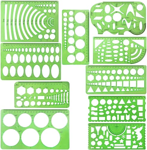 10 plantillas de dibujos, plantillas de medición, reglas geométricas de plástico verde transparente, reglas de borrador para dibujo, ingeniería,
