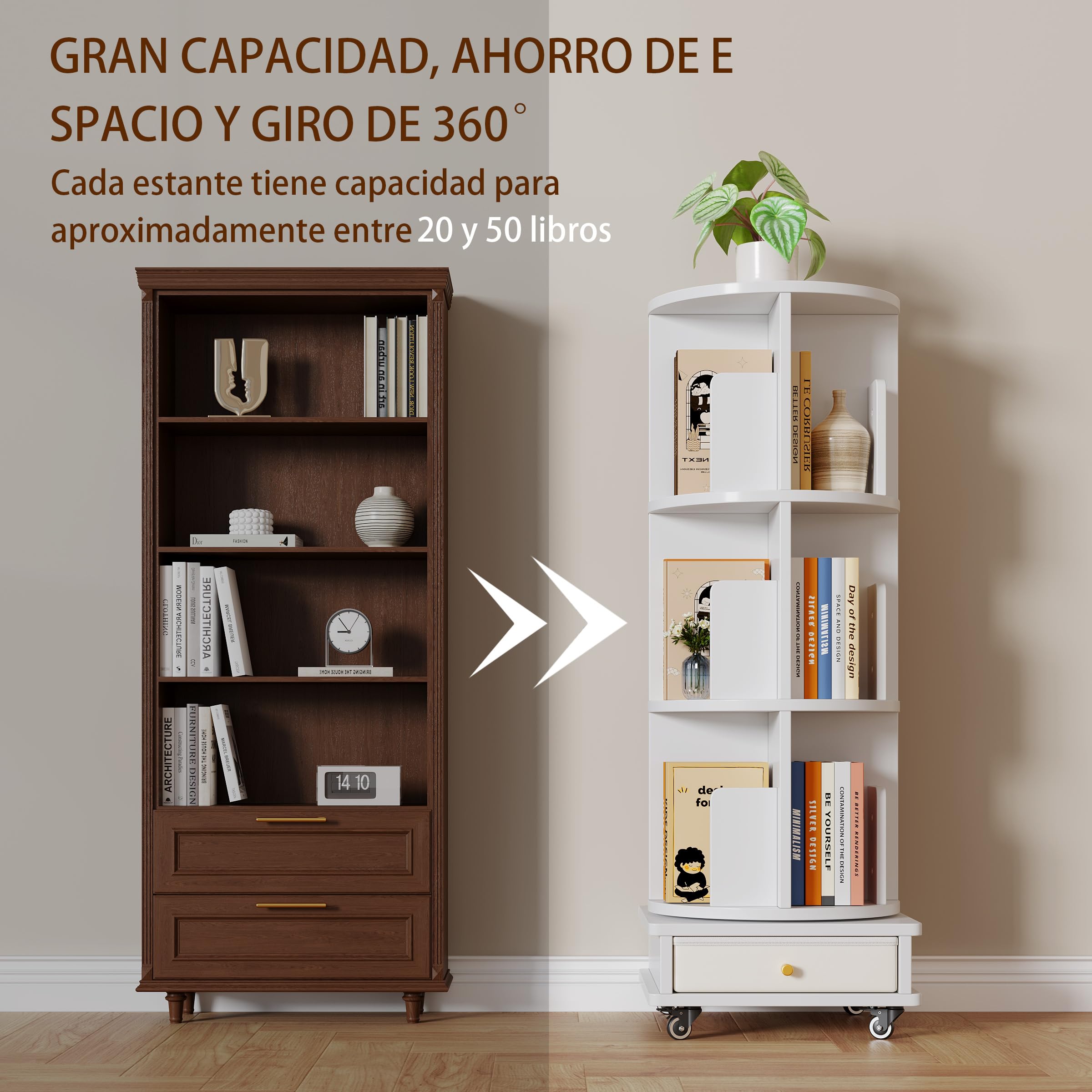 Librerías giratoria de 3 estantes, Librerías rotación de 360°, estantería Multifuncional 1 cajón para salón, Dormitorio, Estudio, Oficina, Blanco